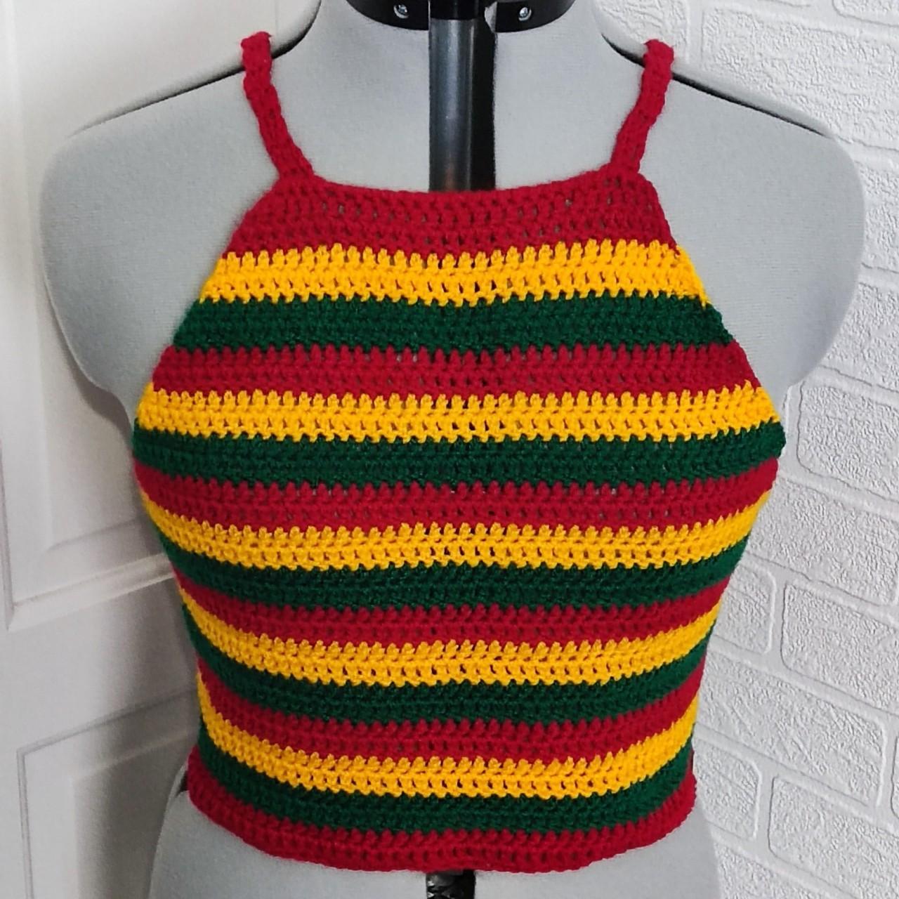 Red Gold And Green Hand Crocheted Crop Top With Depop