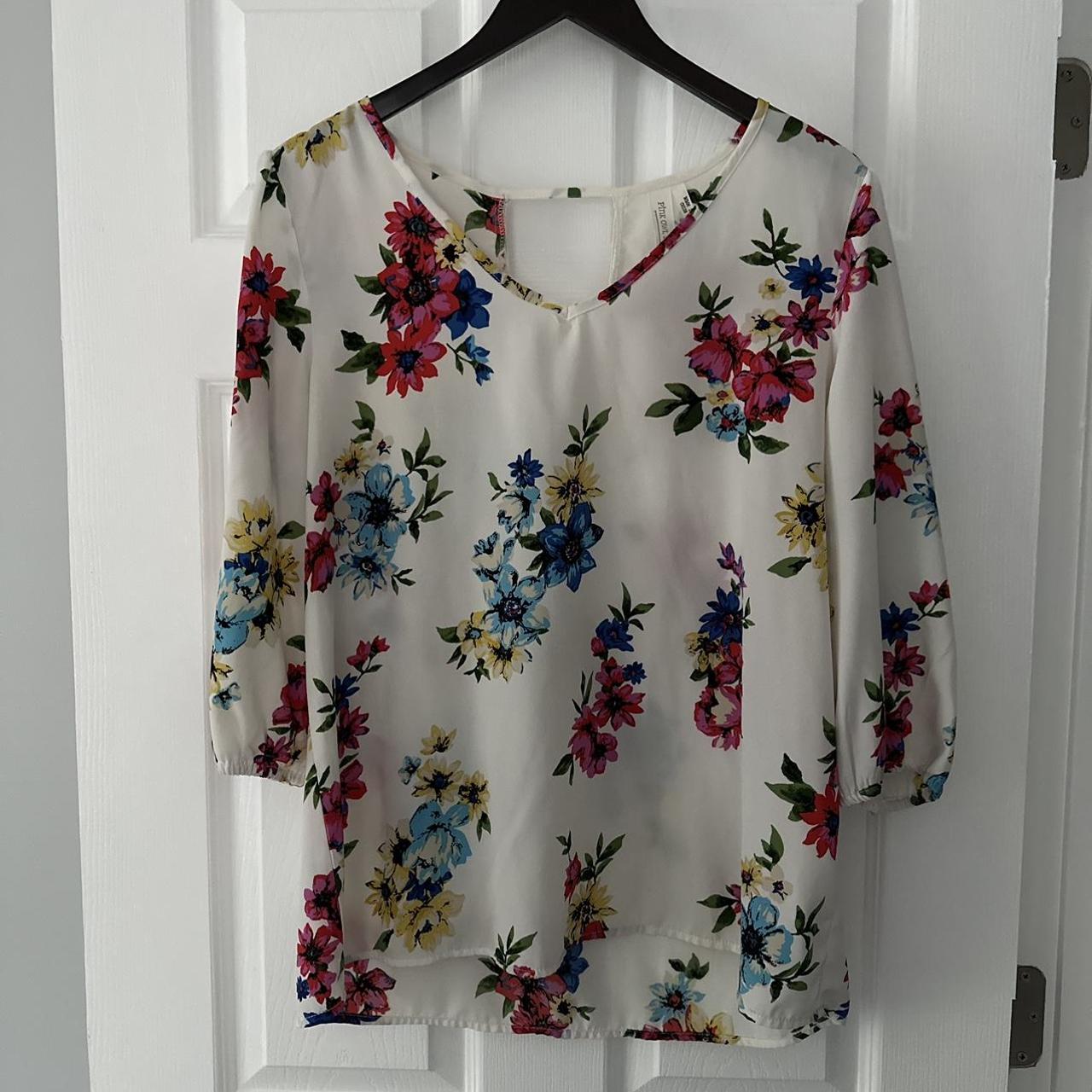 SILK LIKE 3/4 SLEEVE BLOUSE WITH FUN FLOWER DETAIL.... - Depop