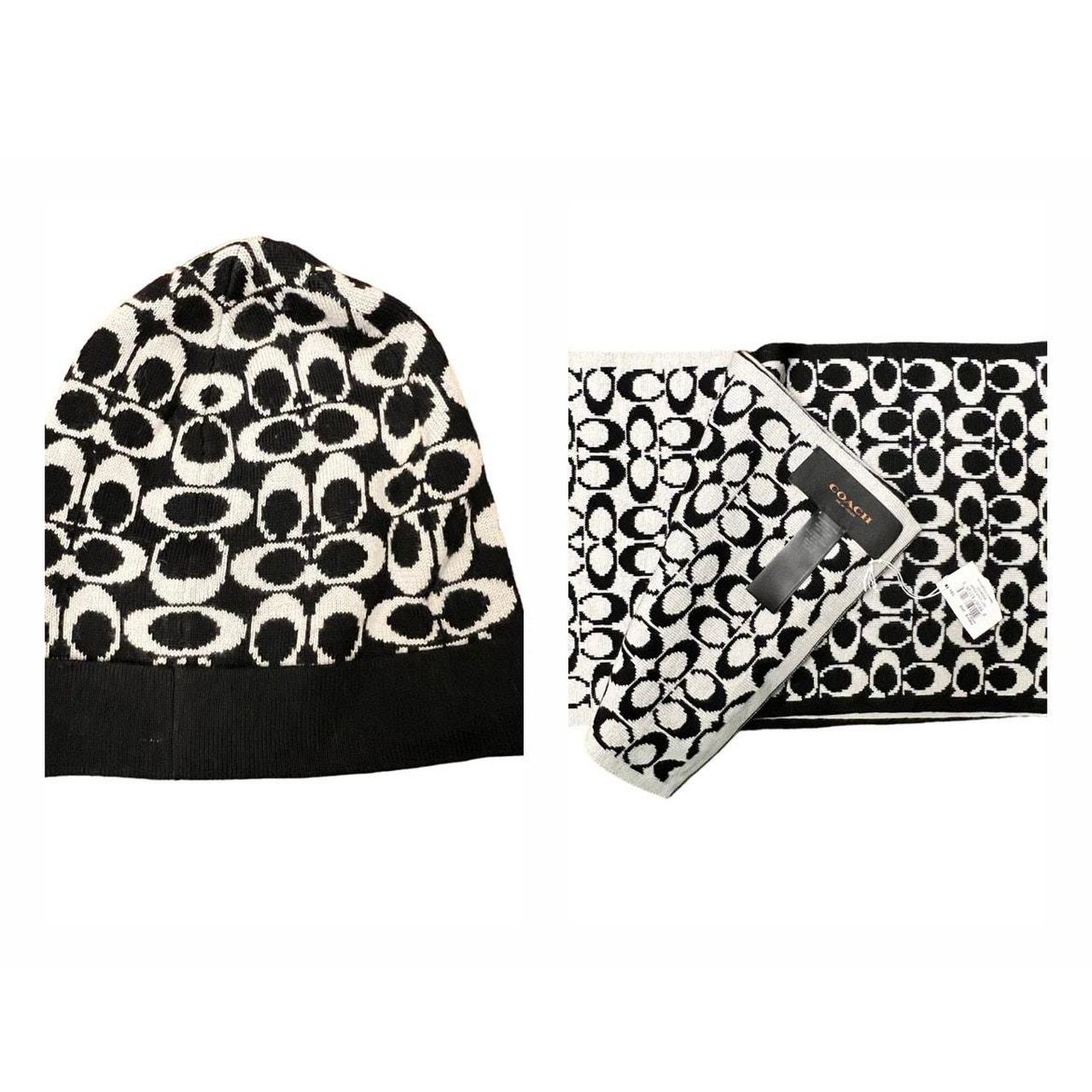 Coach logo beanie and knit scarf store set.