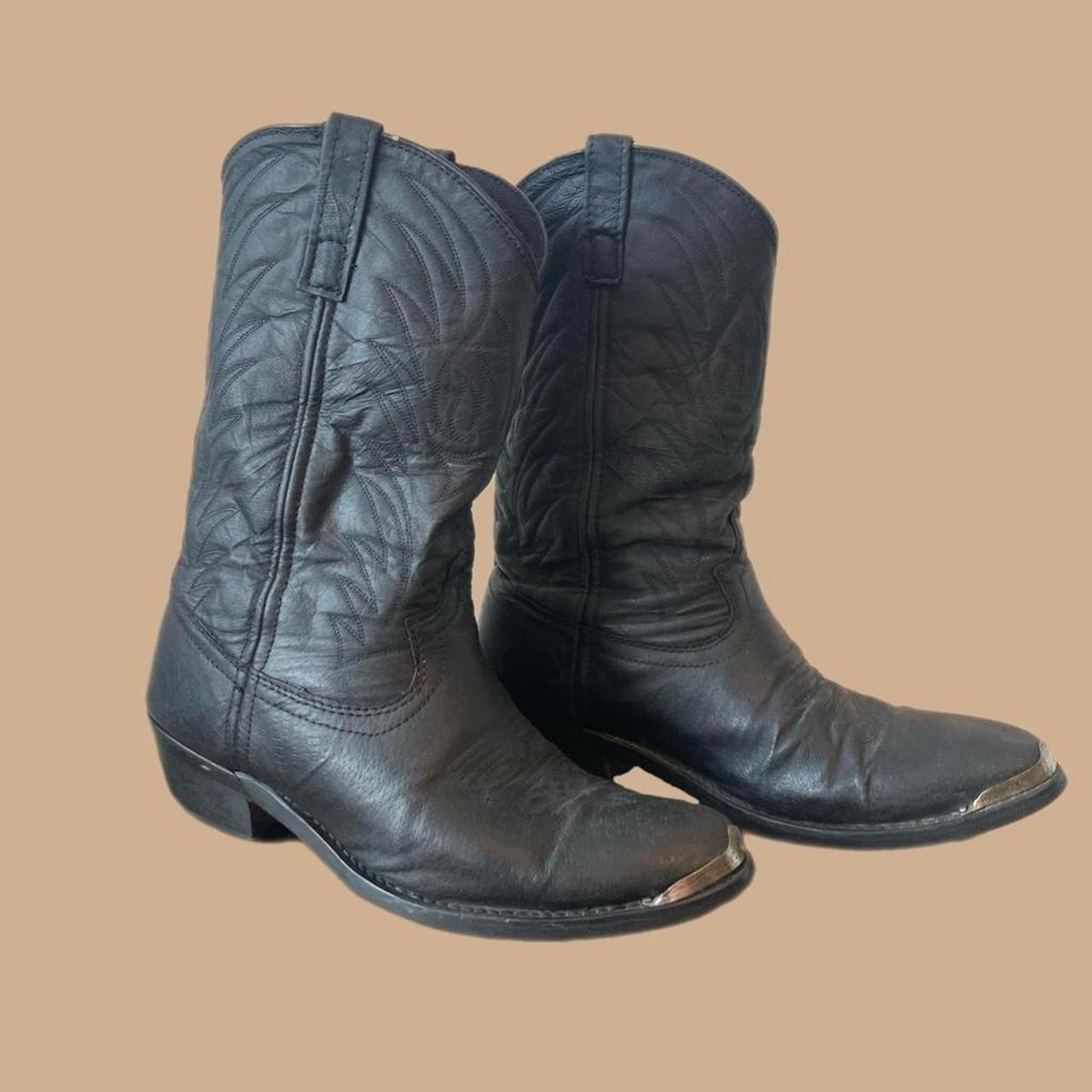 Men’s Black Leather Vintage Cowboy Boots with Metal... - Depop