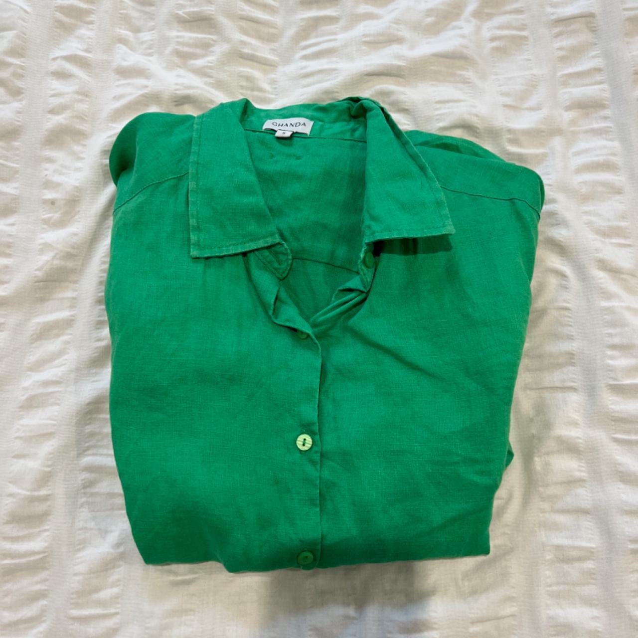 Ghanda green linen button up blouse -size... - Depop