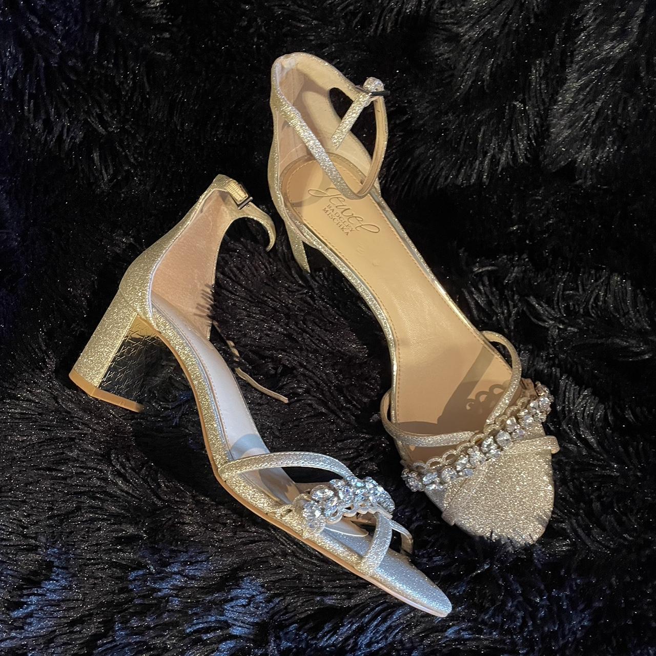 Gold 3 inch block heel shoe ankle strap diamond. Depop