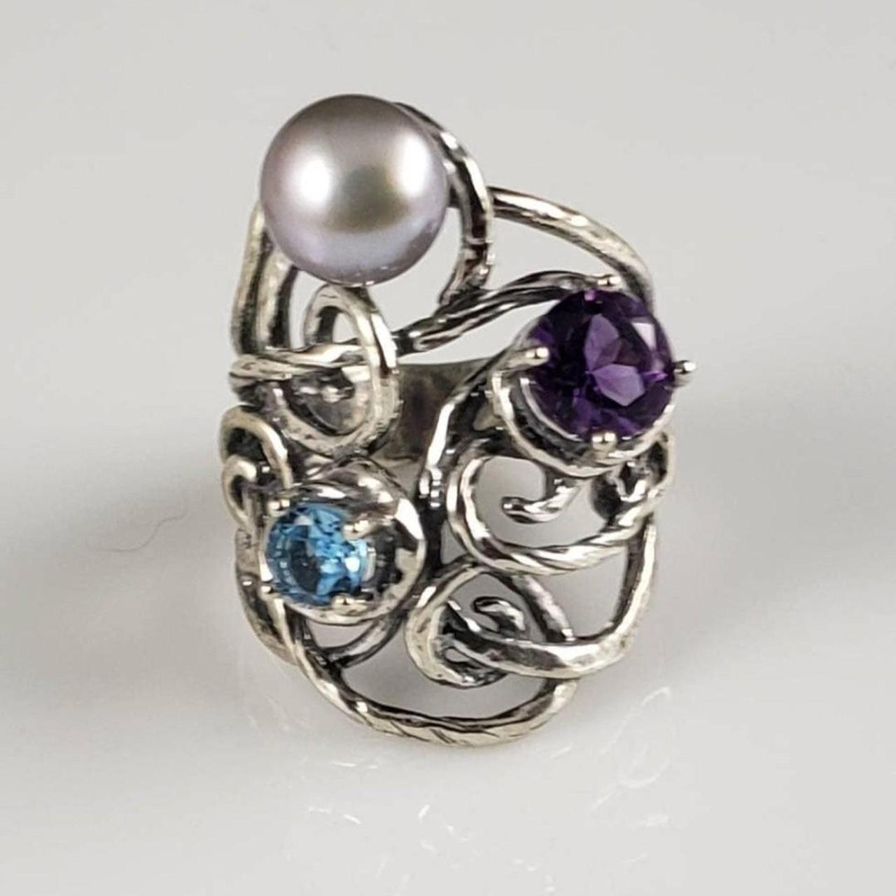 Or Paz Topaz, Amethyst, & Pearl Sterling Statement... Depop