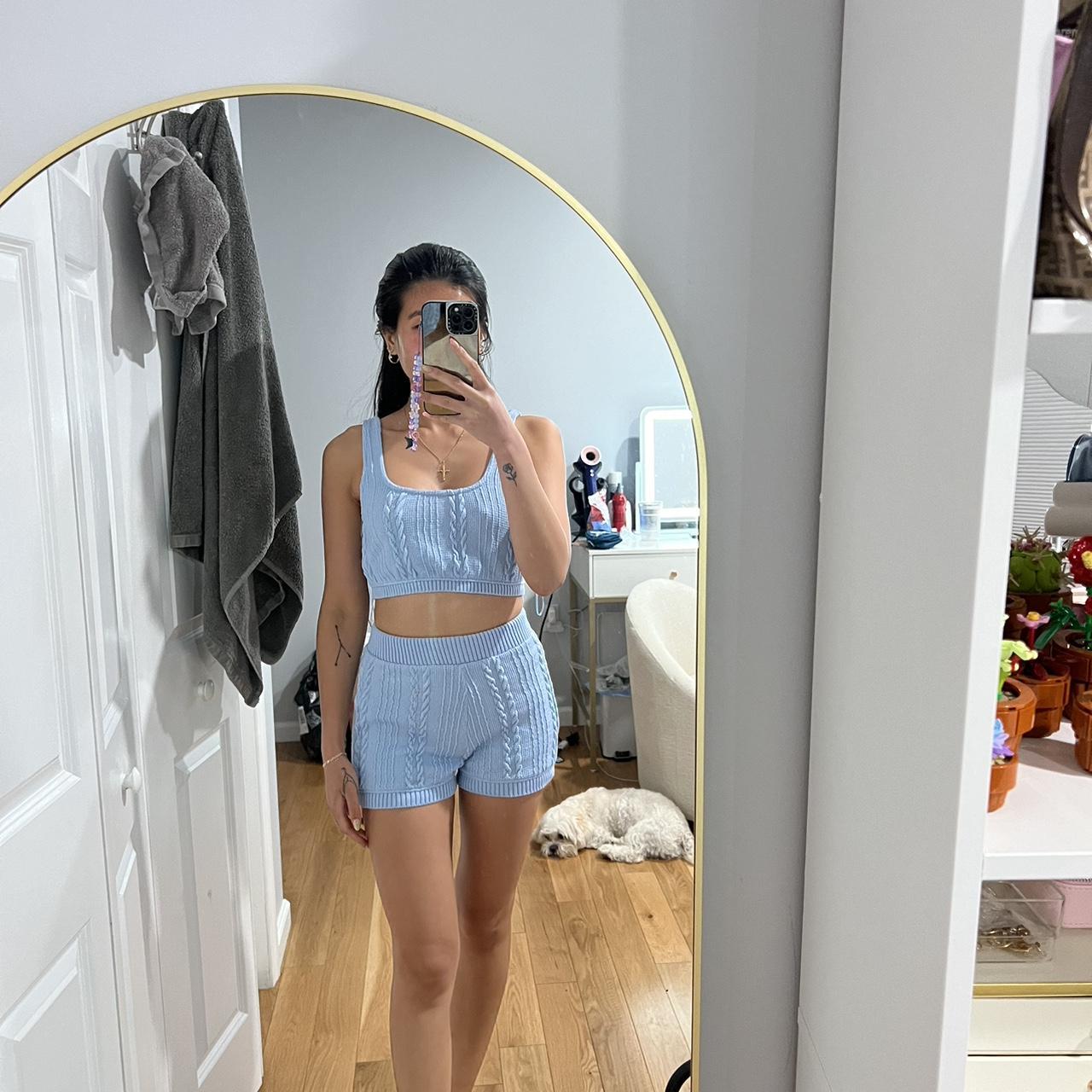 Blue knit crop top and shorts two piece set Zara Depop