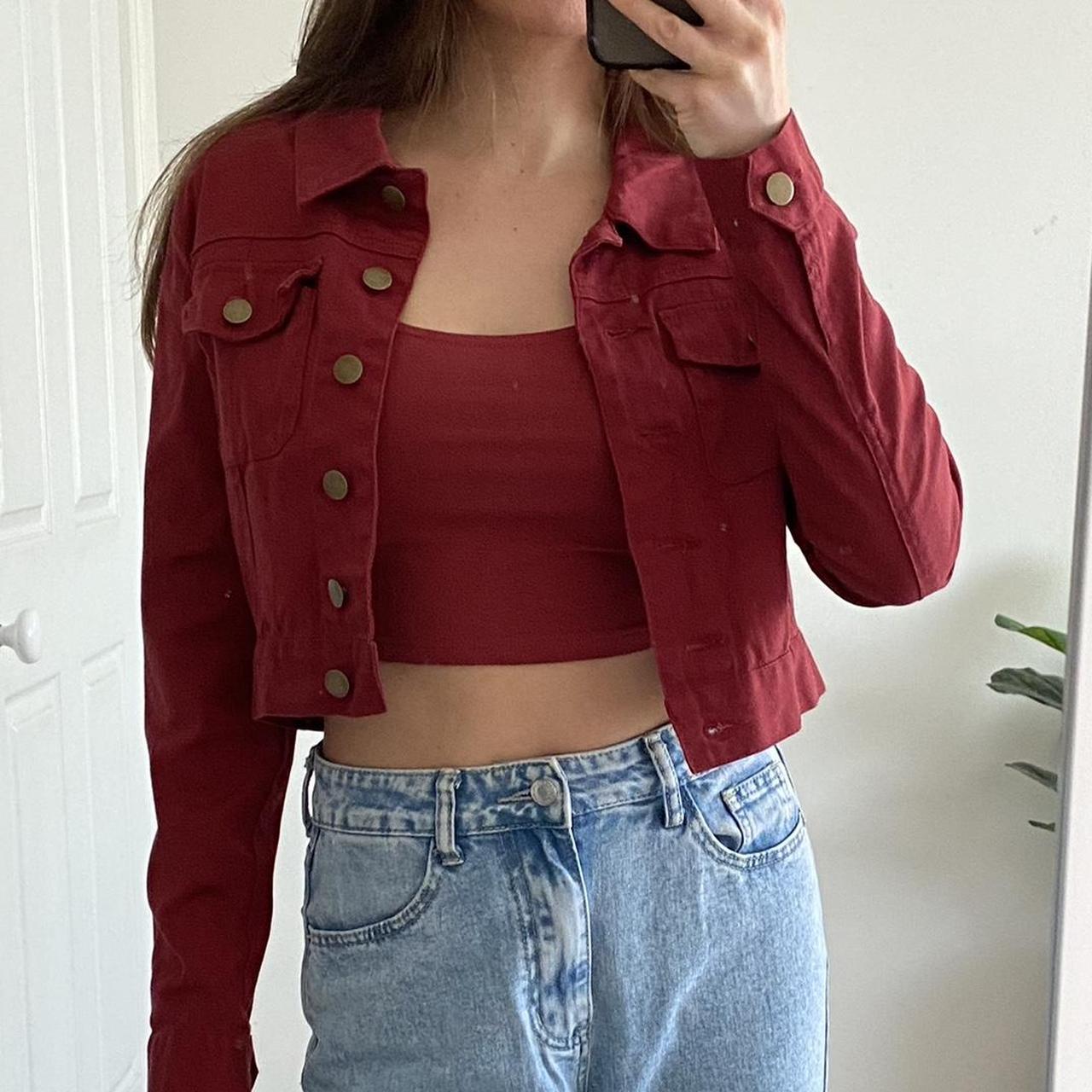 Burgundy red semi-cropped denim jacket Worn Depop