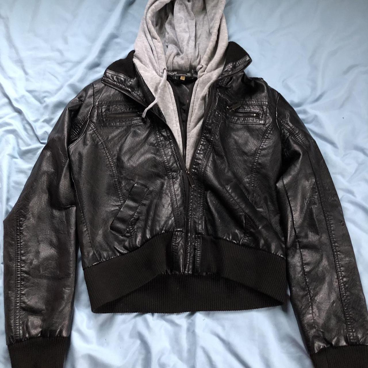 Black faux leather jacket with grey hoodie and. Depop