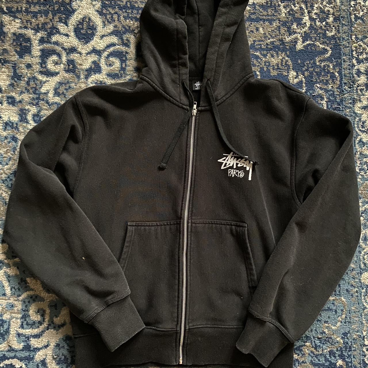 stussy paris black zip up hoodie size... - Depop