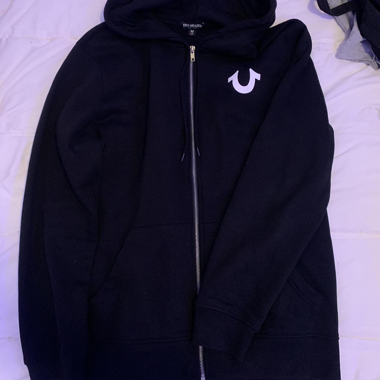 black true religion hoodie only wore once open for... Depop