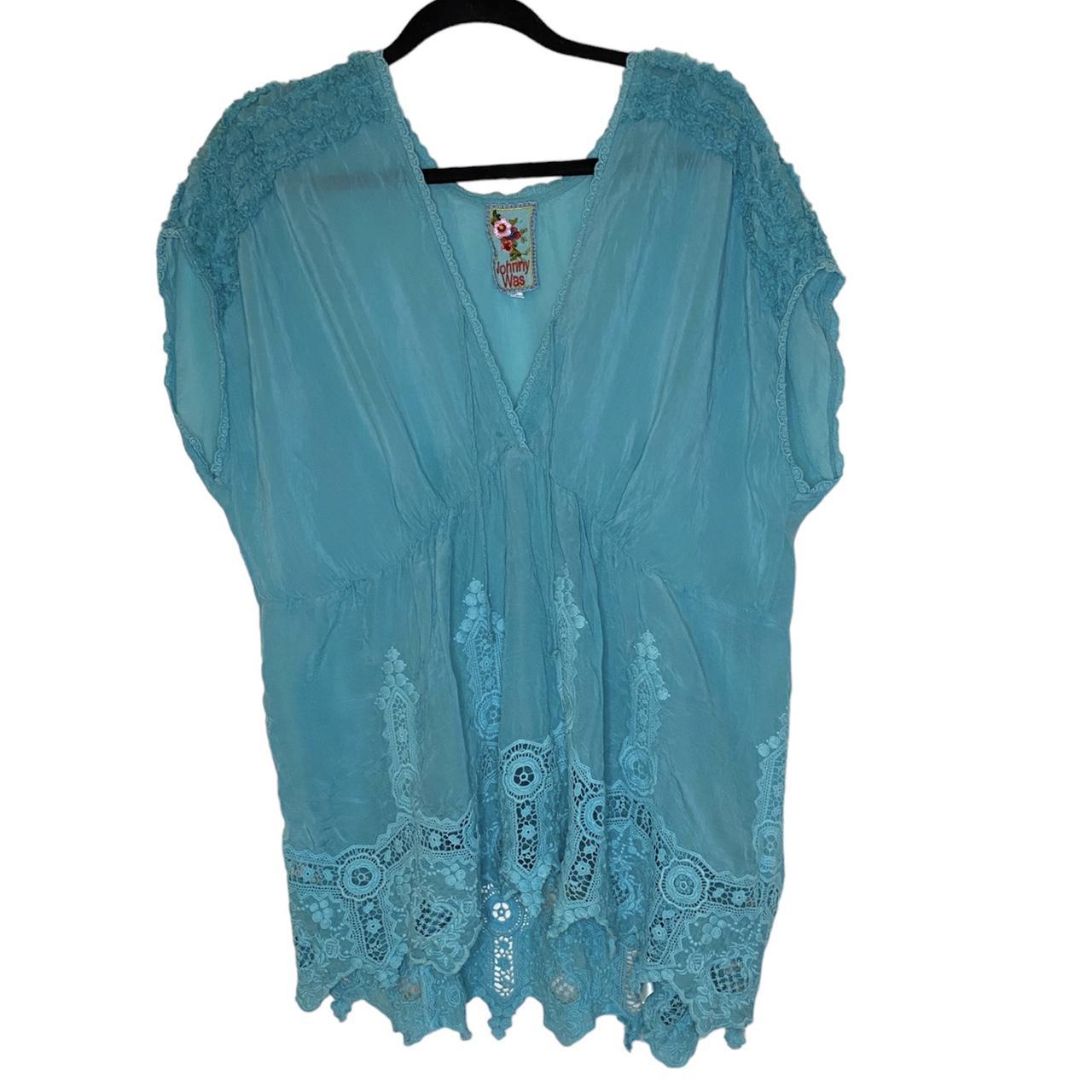 Johnny Was Teal Sheer Blue Lace Tie Ruffle V-Neck... - Depop