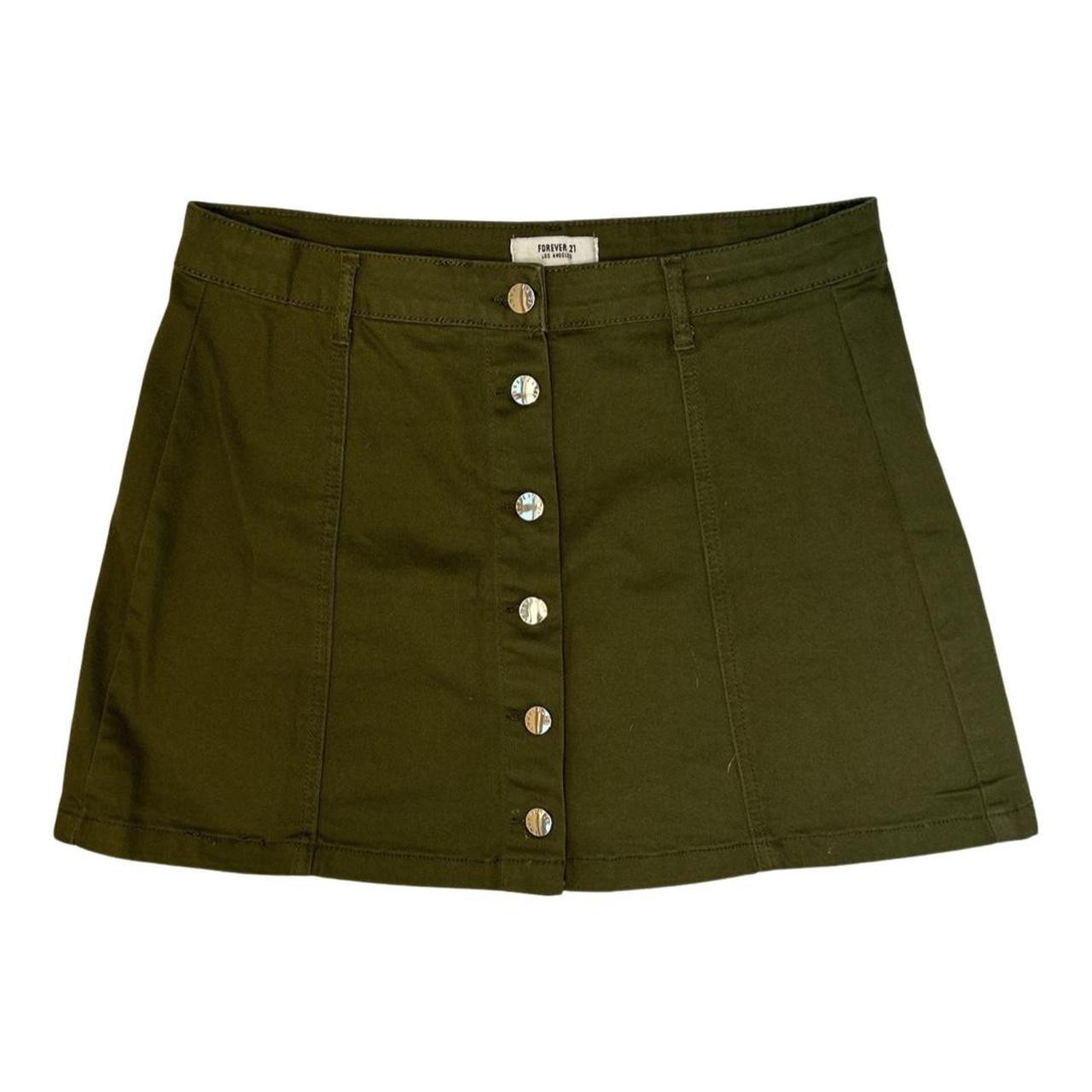 The olive green denim skirt with gold front buttons... - Depop