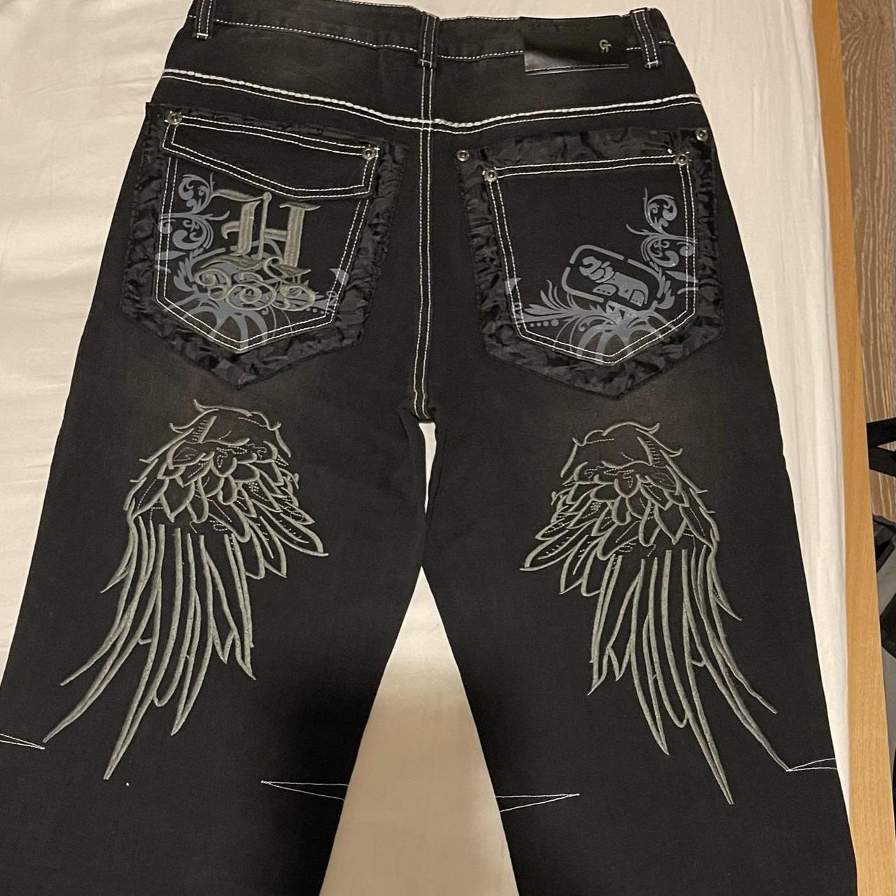 Baggy Black Y2K Embroidered Jeans Waist-32... - Depop