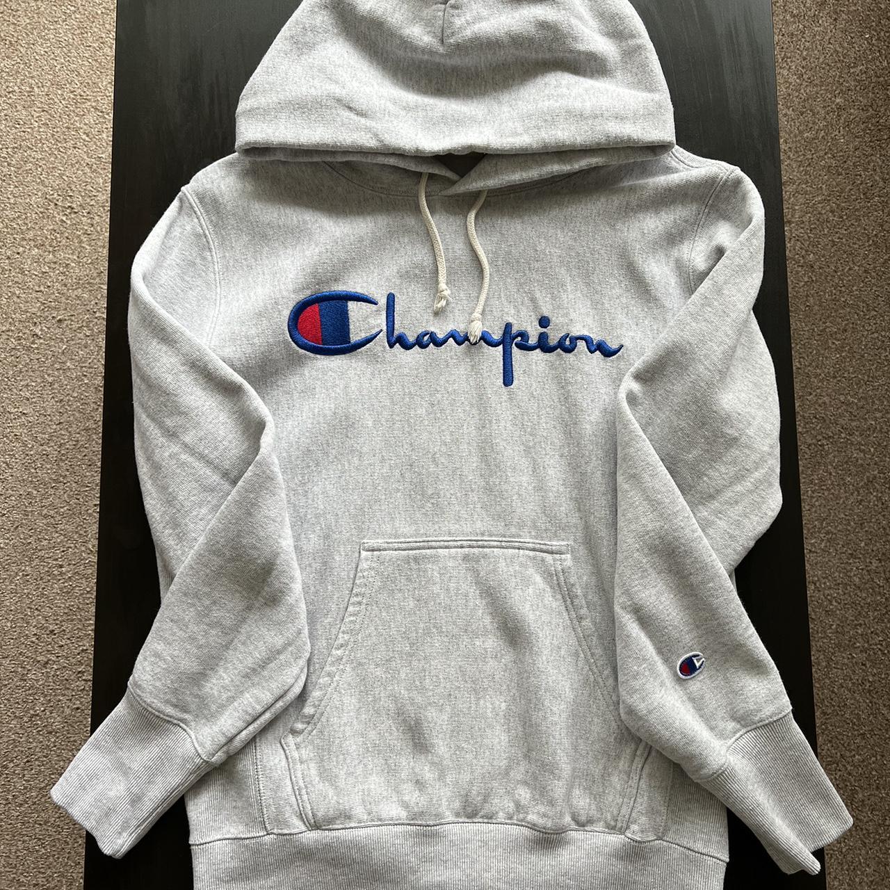 Champion Reverse Weave Grey Hoodie Size:... - Depop