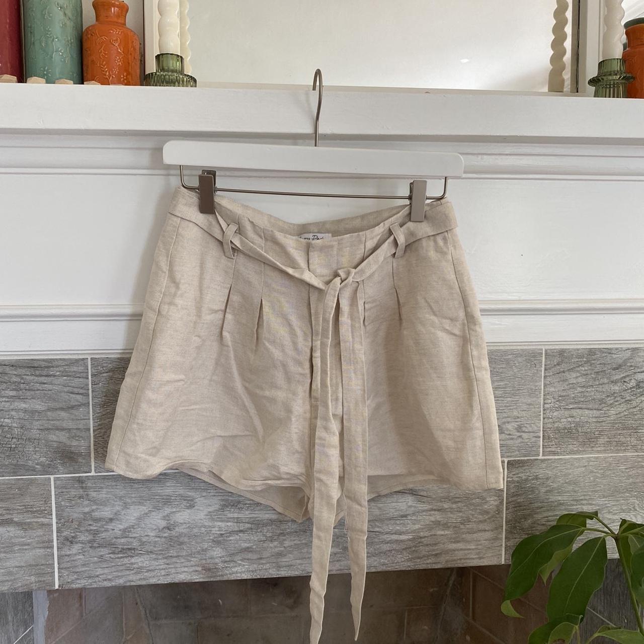 Tan Linen Shorts. Has pockets and a tie belt. 1 1/2”... - Depop