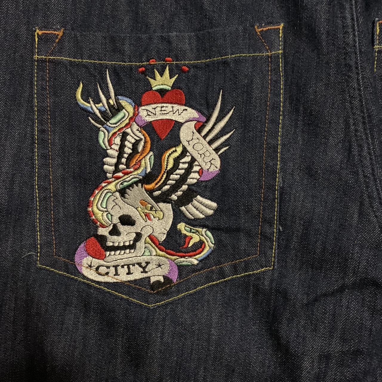 super baggy wide leg embroidered ed hardy jeans this... - Depop