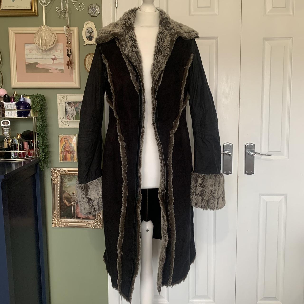 Black y2k afghan style midi coat Grey fur trim... - Depop
