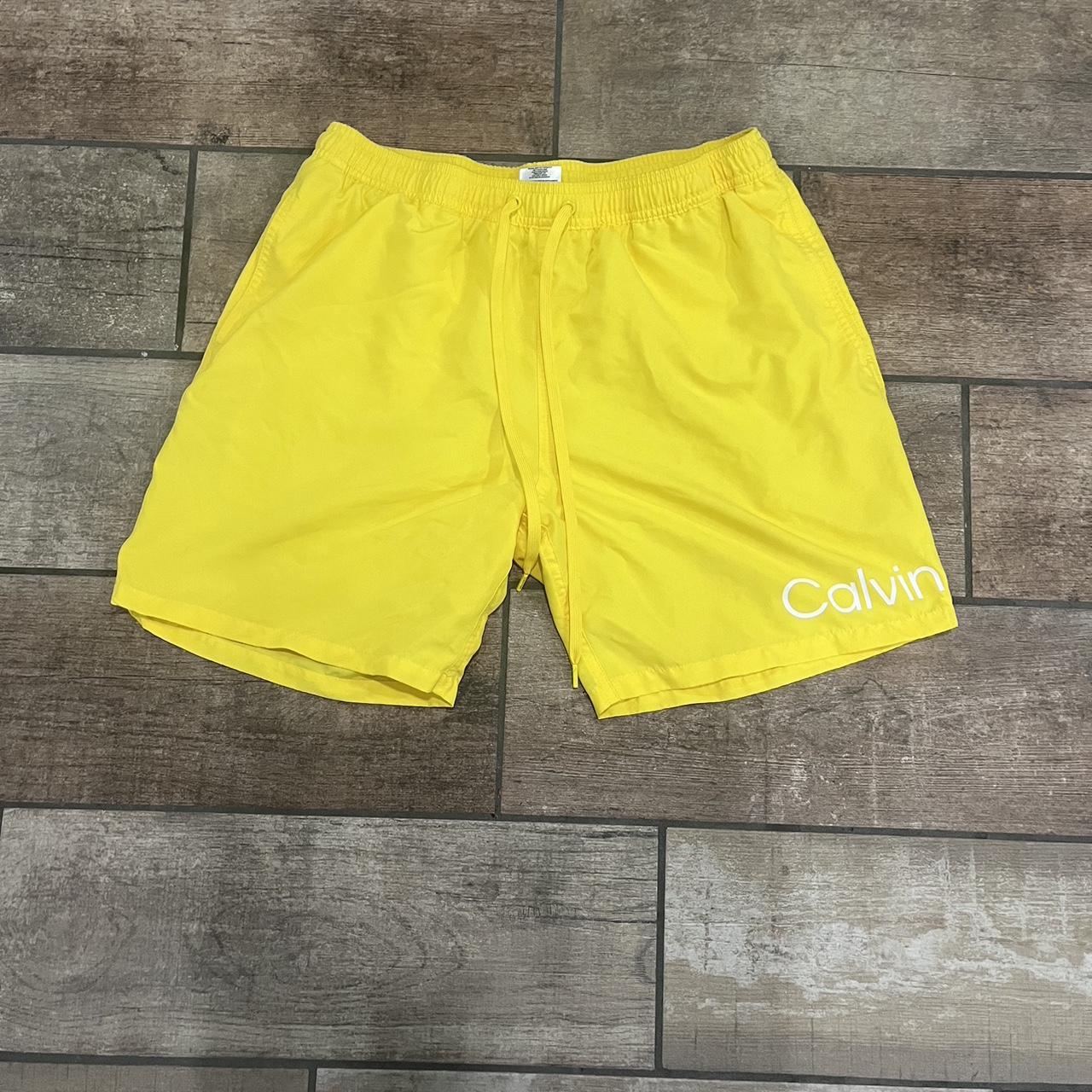 Yellow Calvin Klein Swimming trunks Size: L Great... - Depop