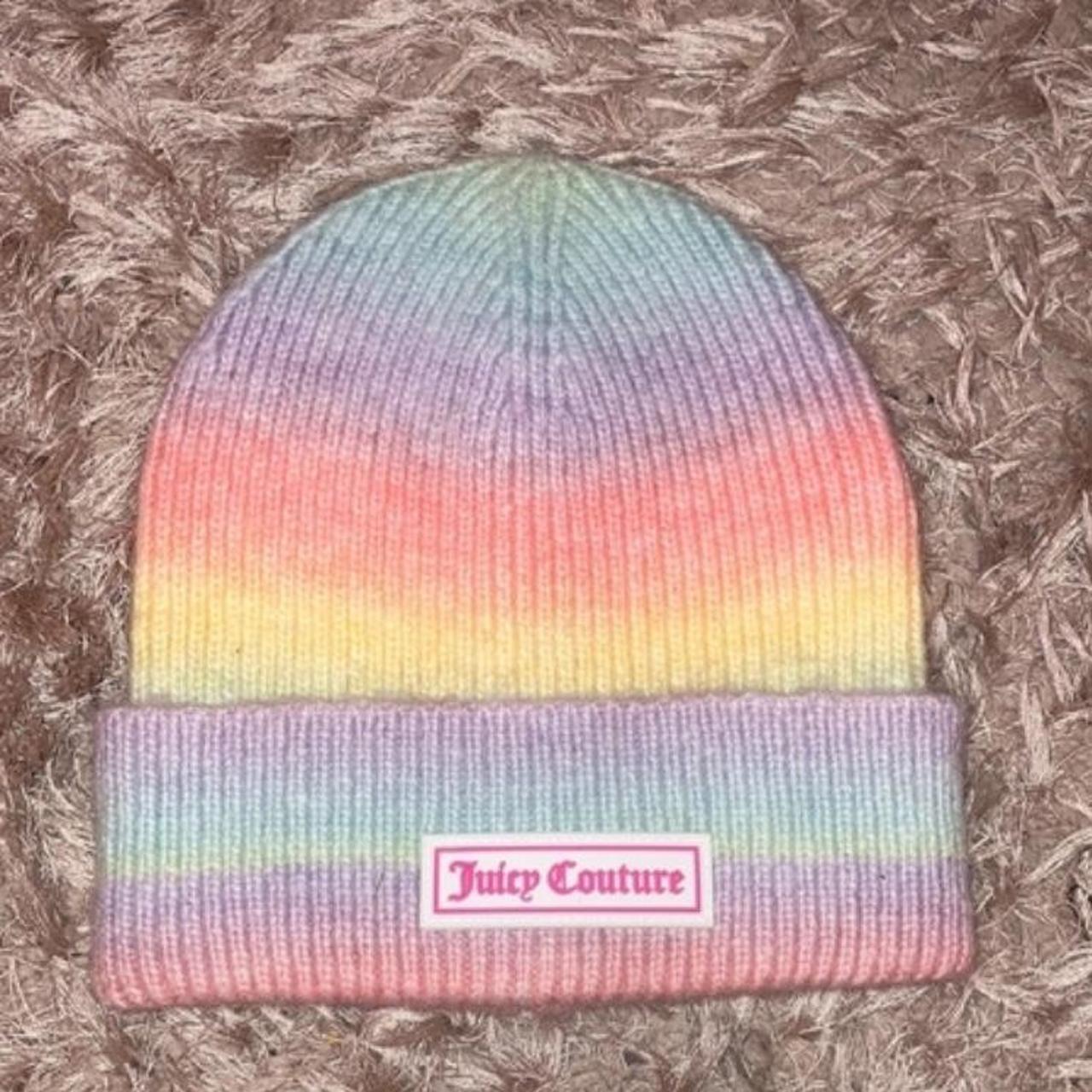 juicy couture rainbow knitted thick hat with juicy | Depop
