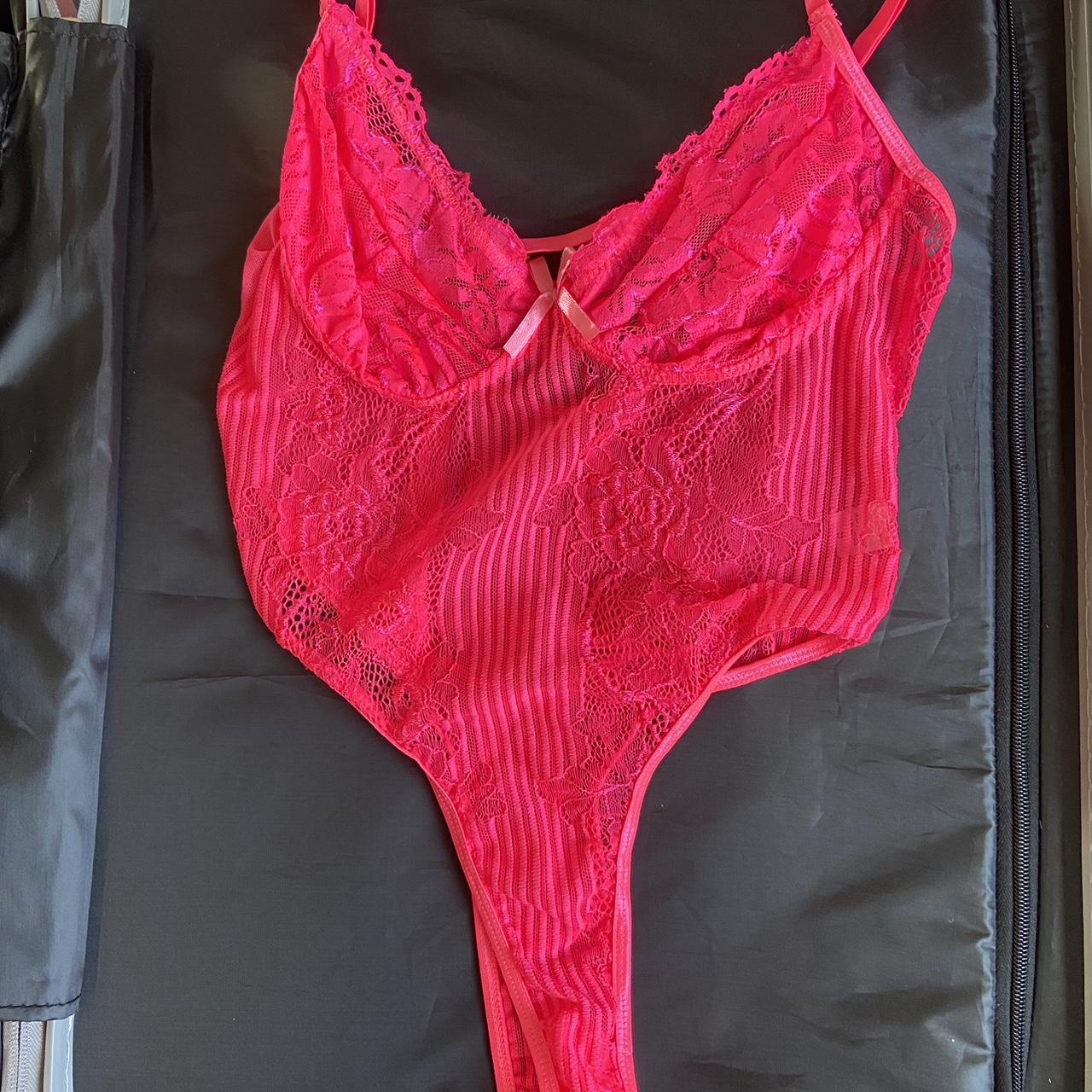 Neon pink lace bodysuit Never worn Stretchy - Depop