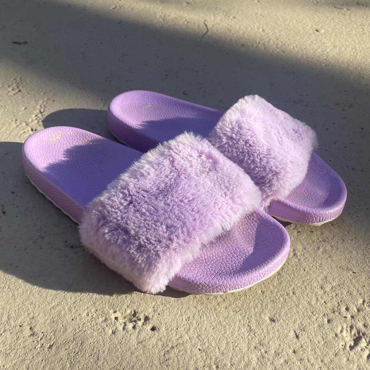 Lilac Faux Fur Slides fur fuzzy sandals slides Depop