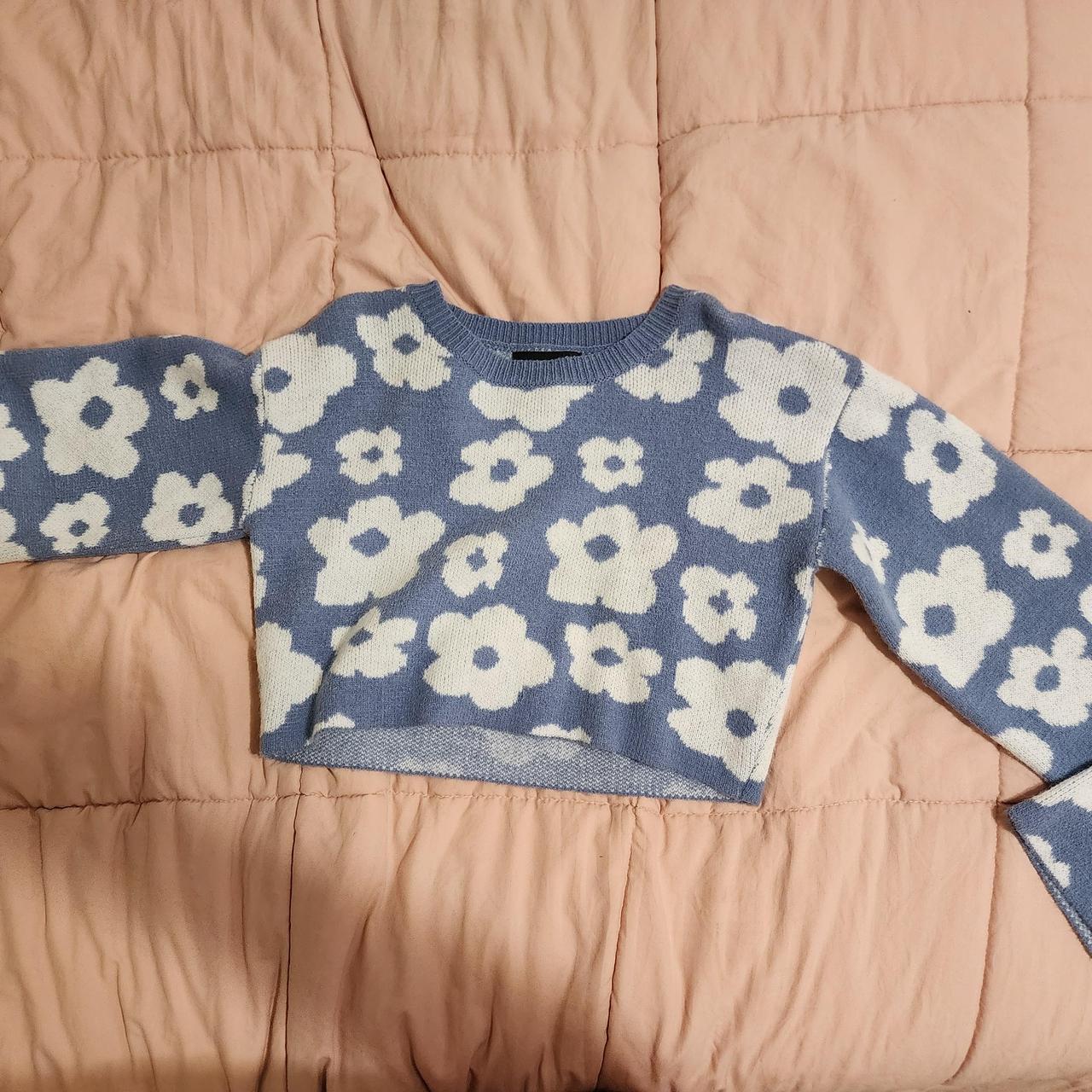 Light blue sweater with floral pattern, cropped, and... Depop