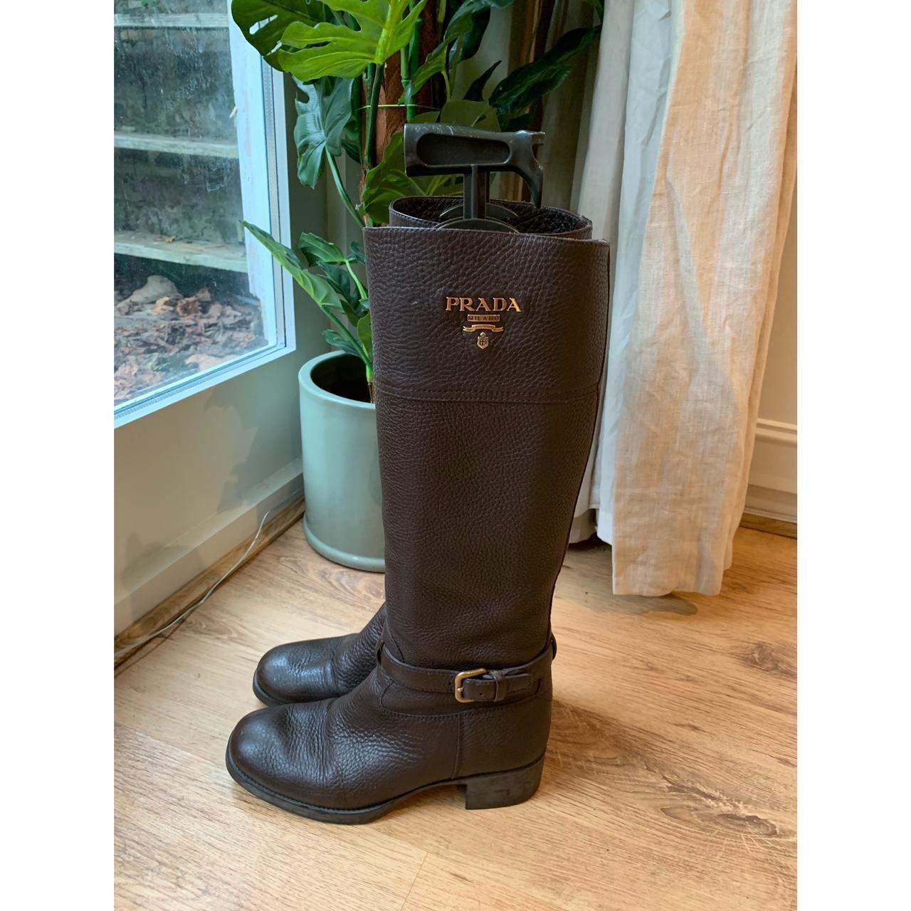 Prada Women's Brown and Gold Boots | Depop