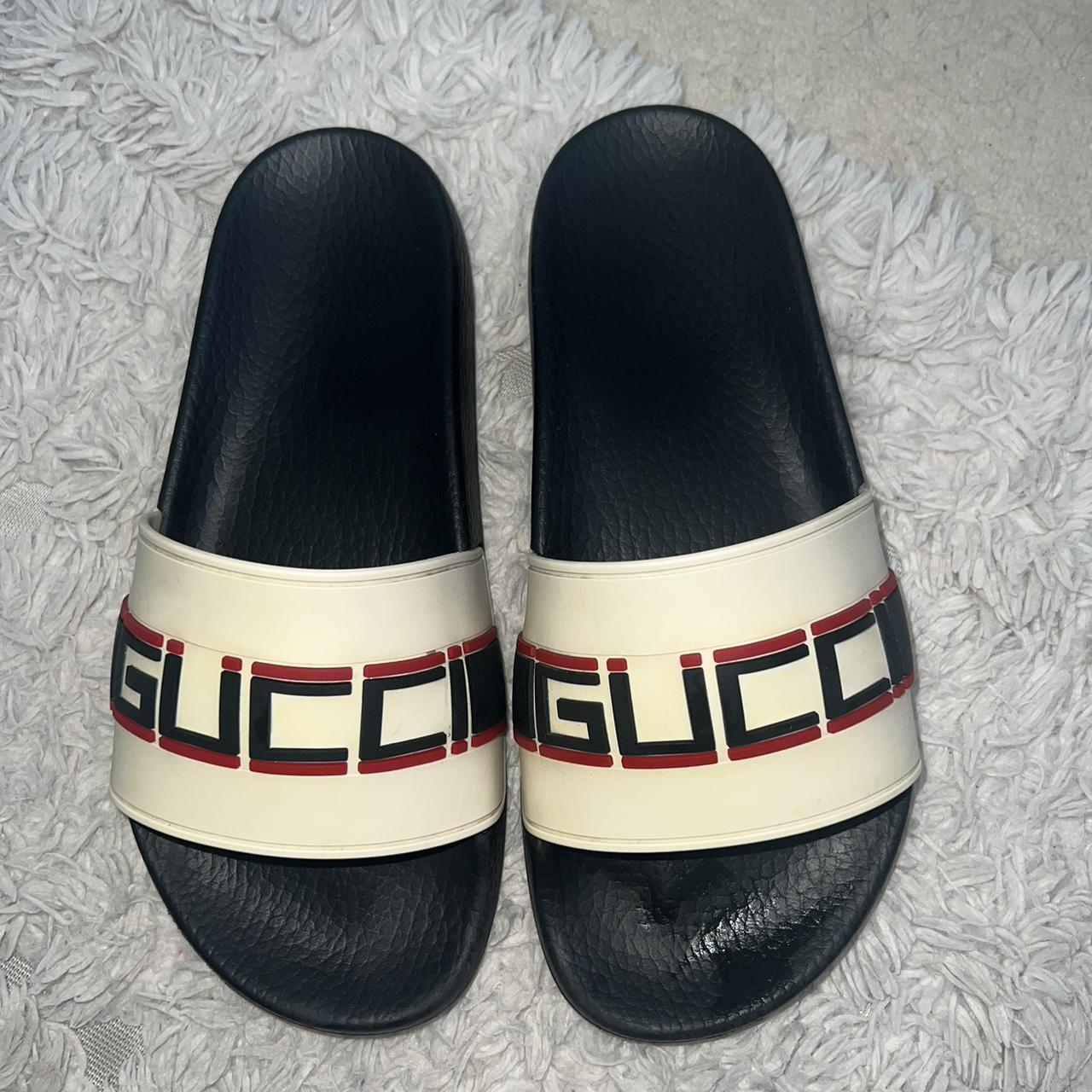 Gucci stripe ecru pool slides. Good condition. Comes... - Depop