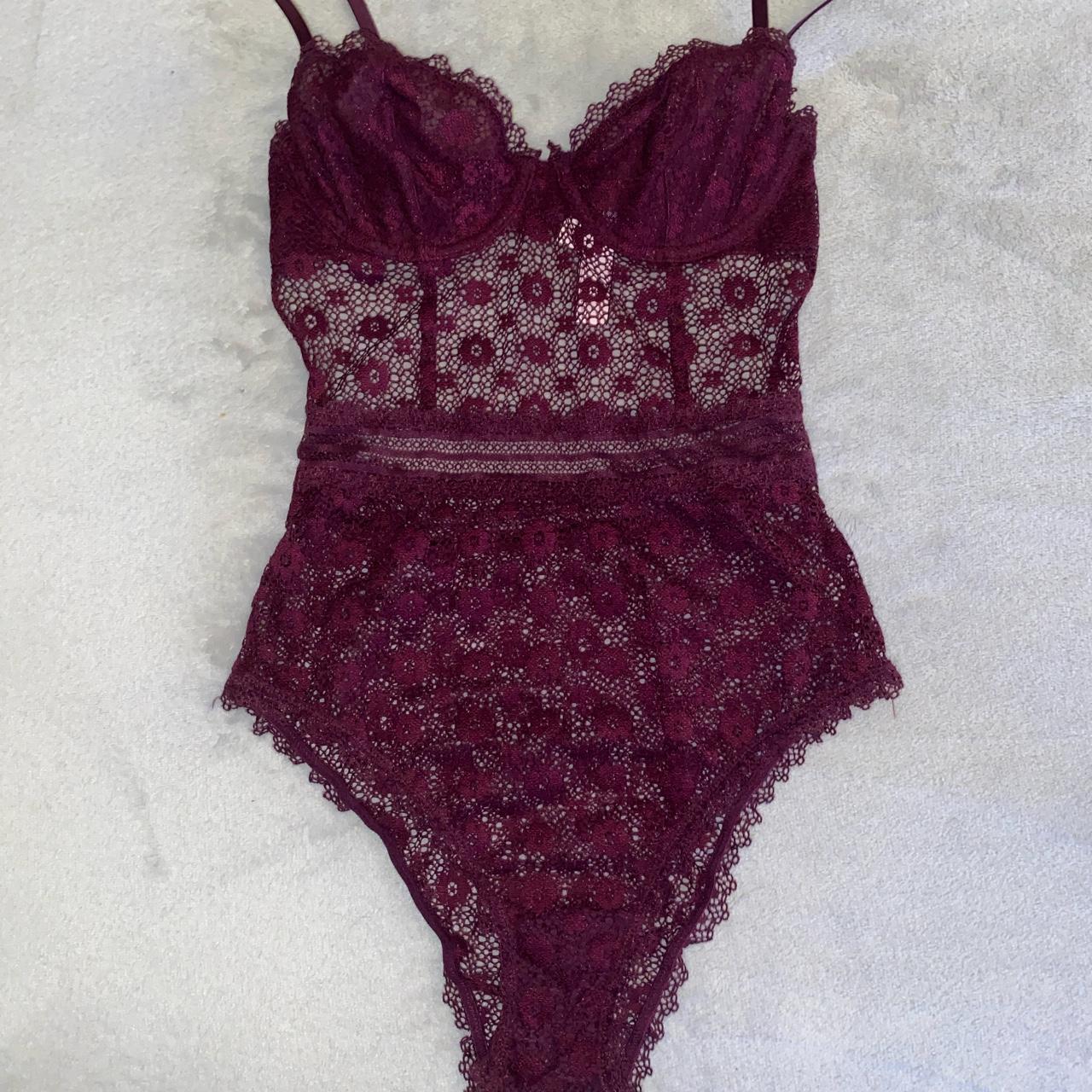 Deep burgundy purple lace teddy lingerie bodysuit Depop