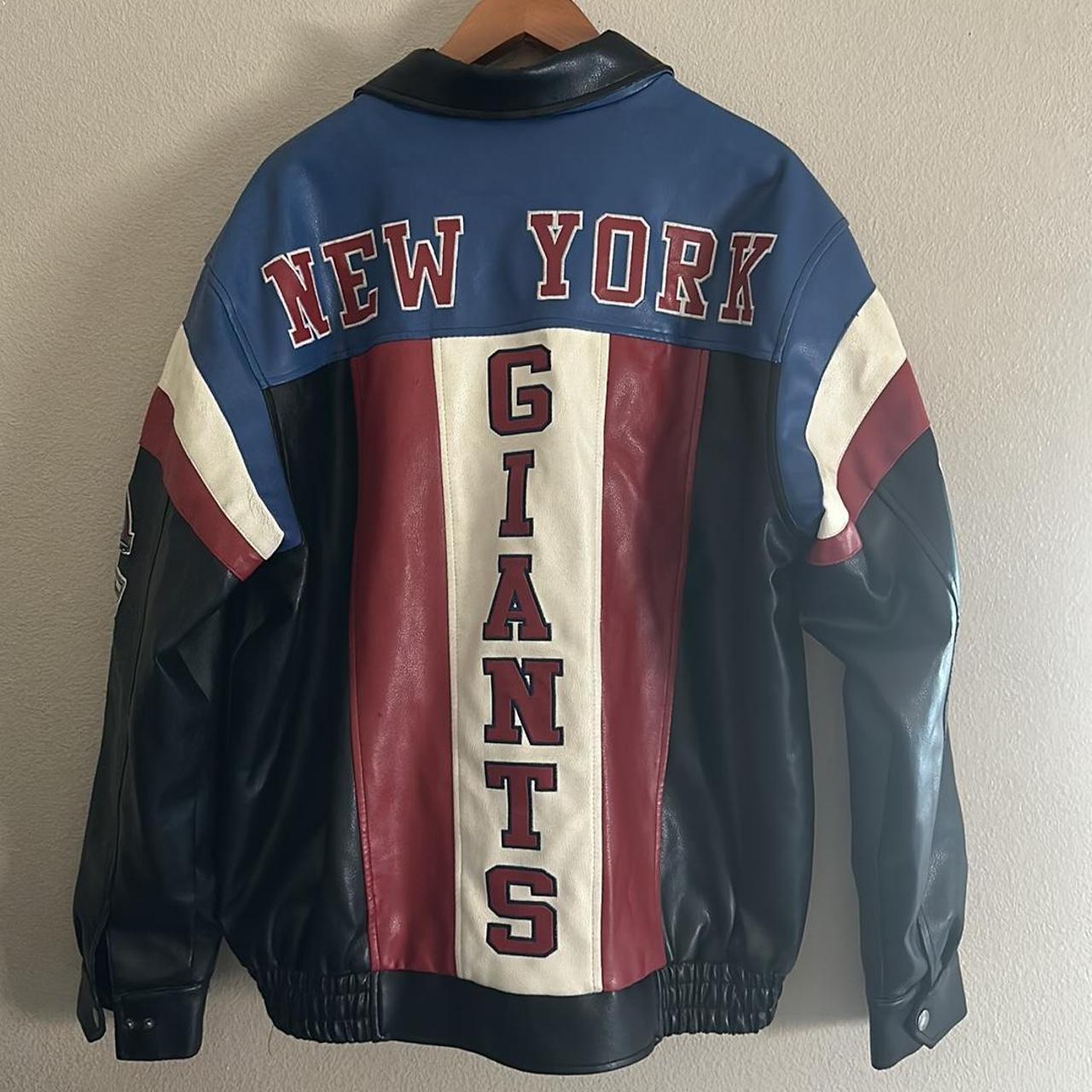NY Giants NFL Leather Jacket Has a tear around the... - Depop