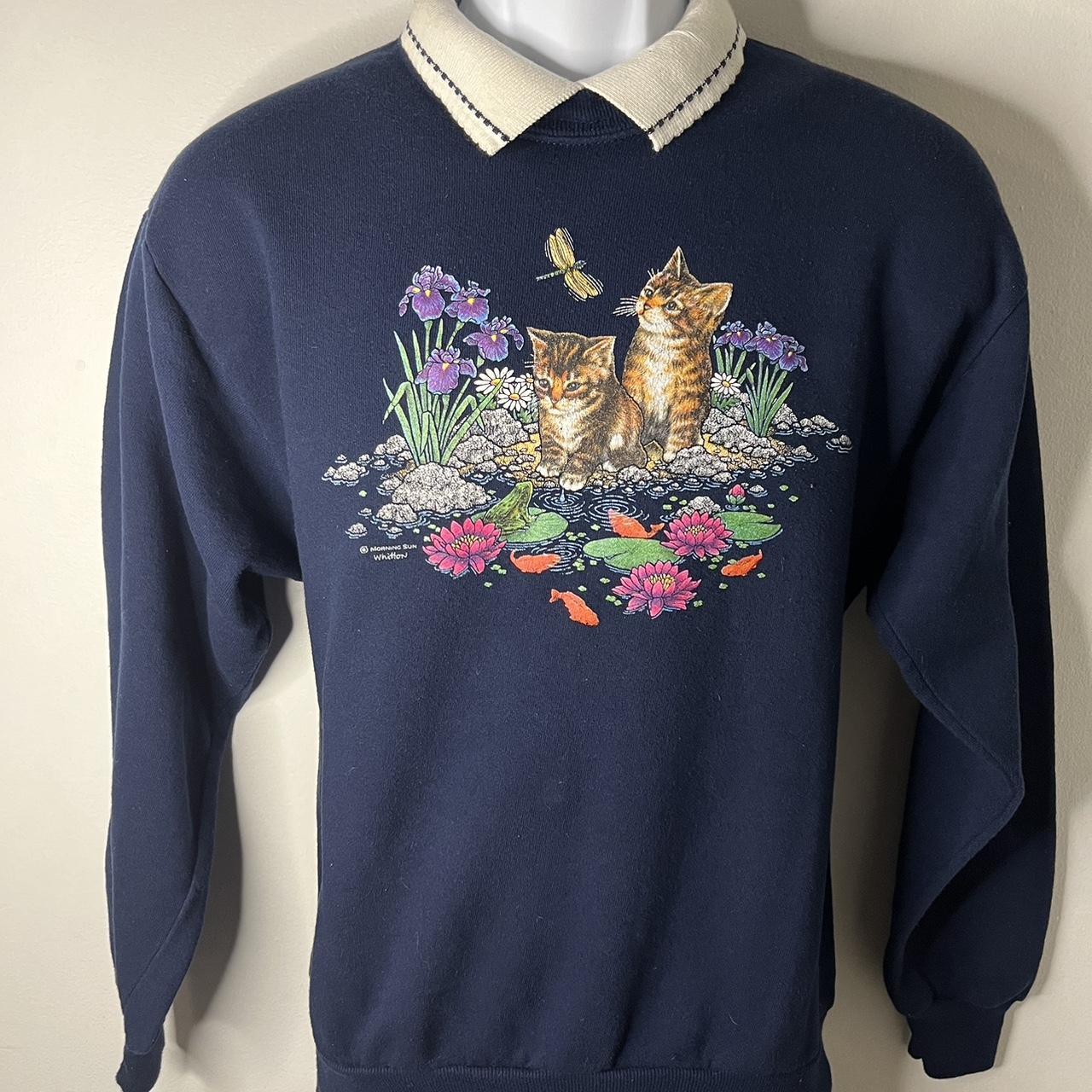 Vintage Cat Sweater 90s Morning Sun Size Medium Made... - Depop