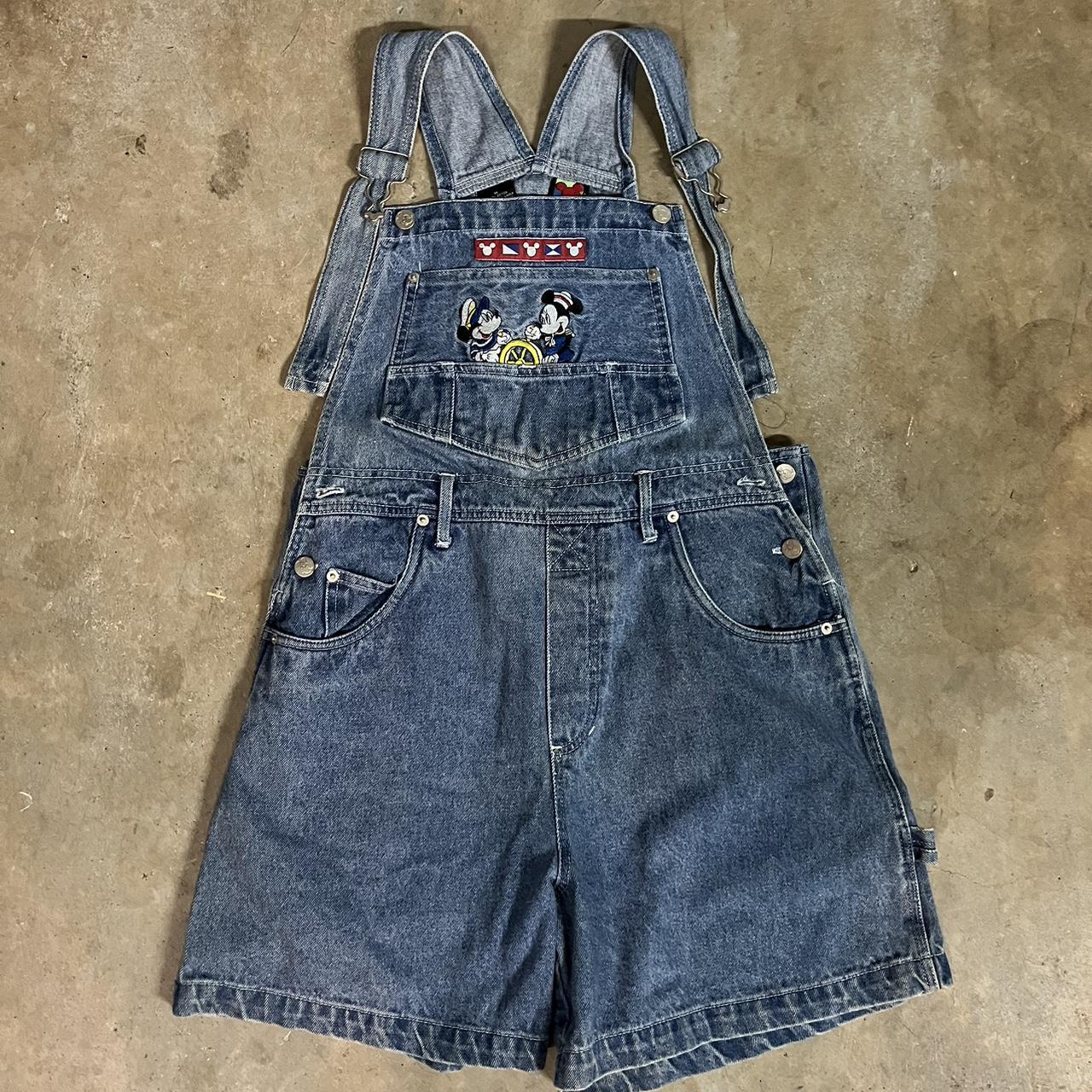 Size medium Mickey overall shorts 90s blue Jean overall - Depop