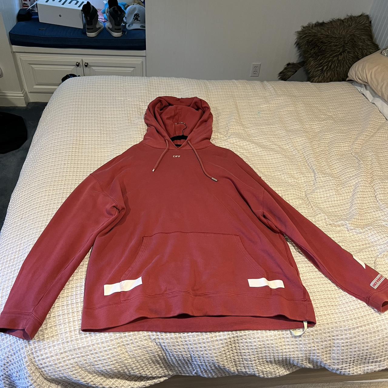 OffWhite Men's Burgundy and White Hoodie Depop