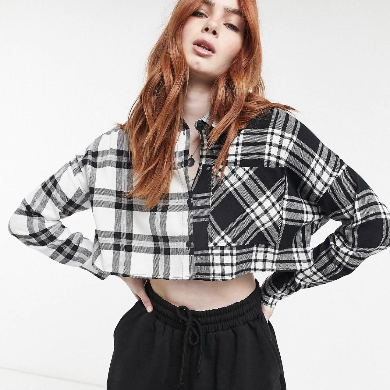 🖤🤍 Bershka mixed check crop shirt in multi 🤍🖤,