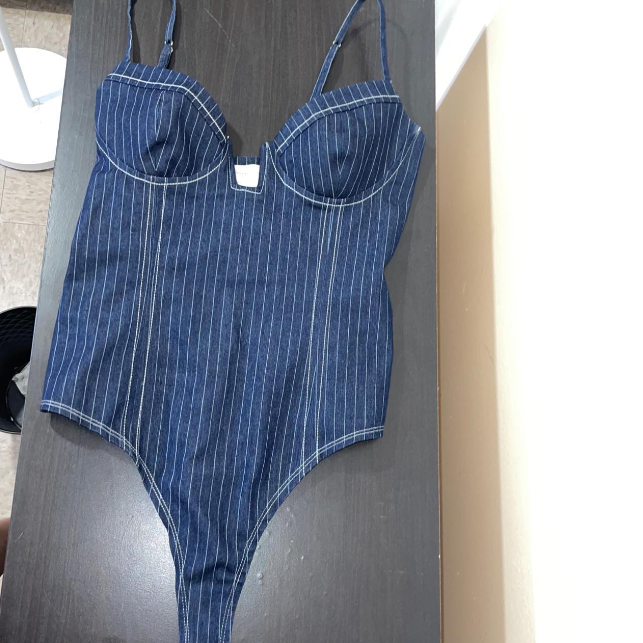 Lovers + Friends Women's Blue and White Bodysuit Depop