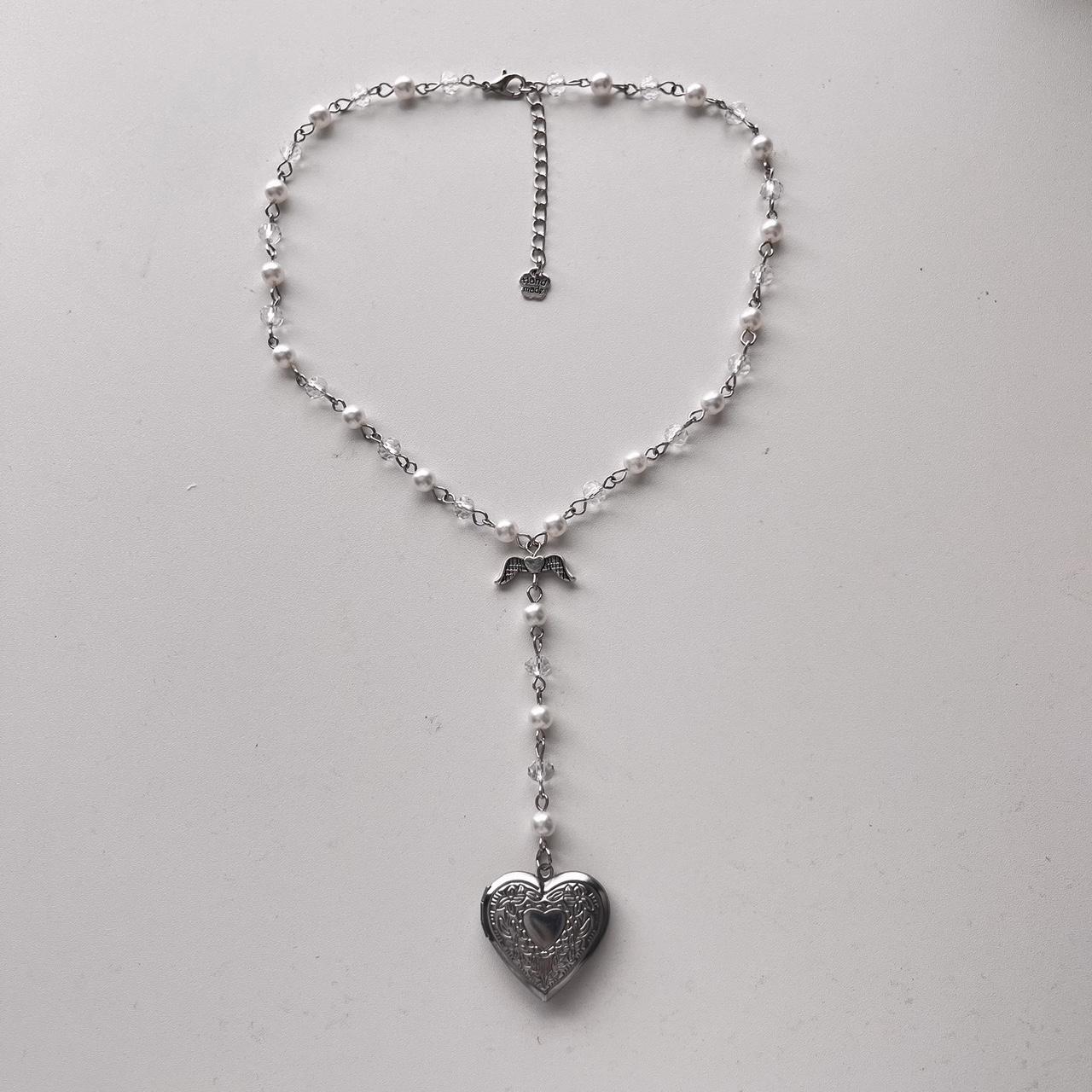 Cute Coquette White & Silver Heart Locket Tassel... - Depop