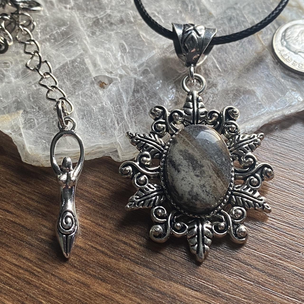 Silver Pewter Ornate Stone Pendant with a goddess... - Depop