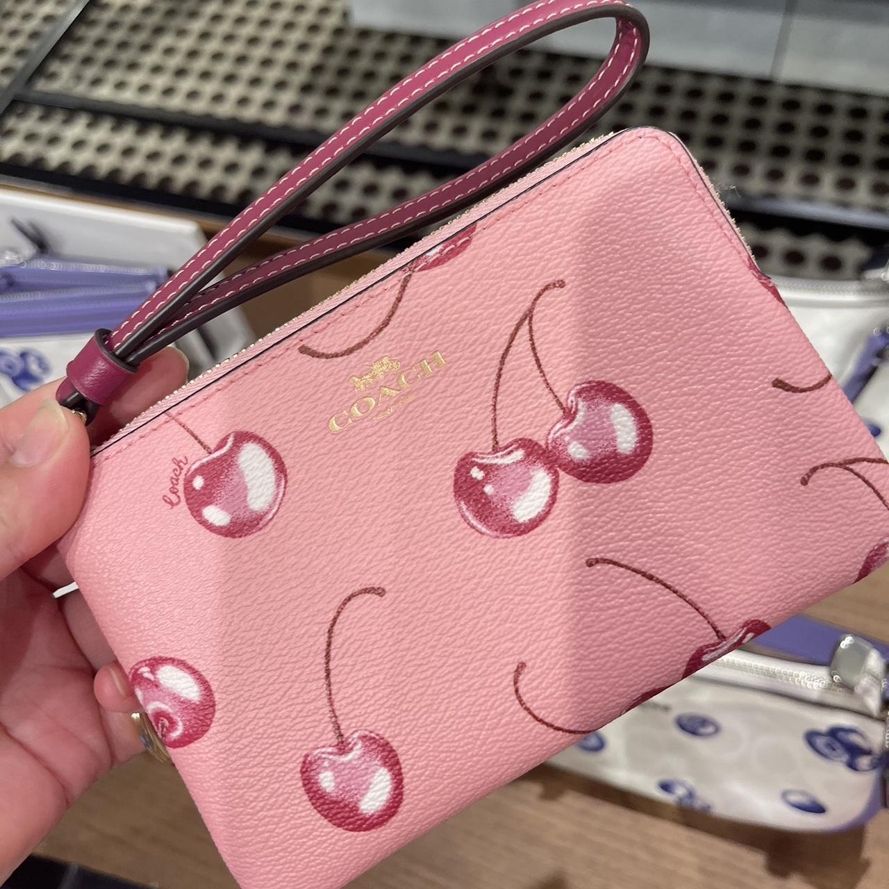 NWT Coach Corner Zip Wristlet Cherry Bright Pink | Depop