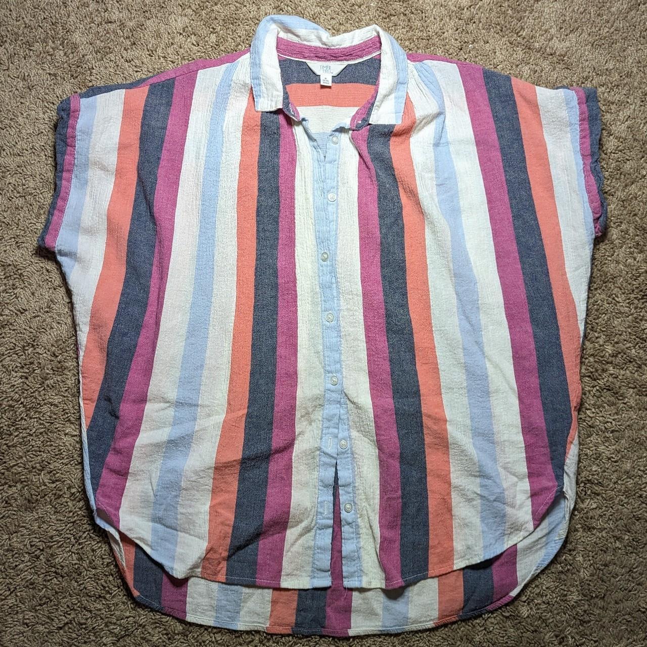 Time and Tru striped 80s/90s style loose fit button... - Depop