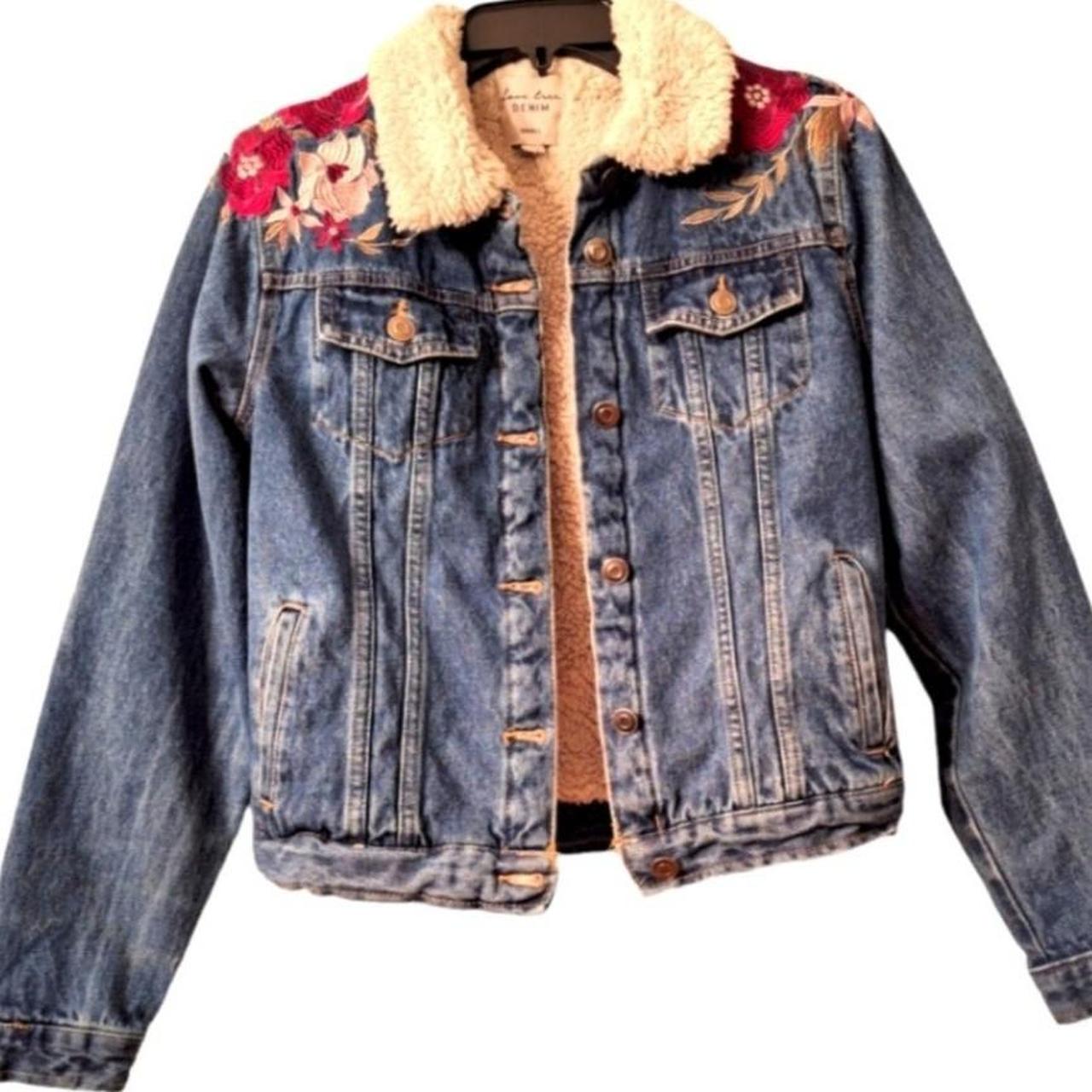 Embroidered denim jacket with cheap shearling