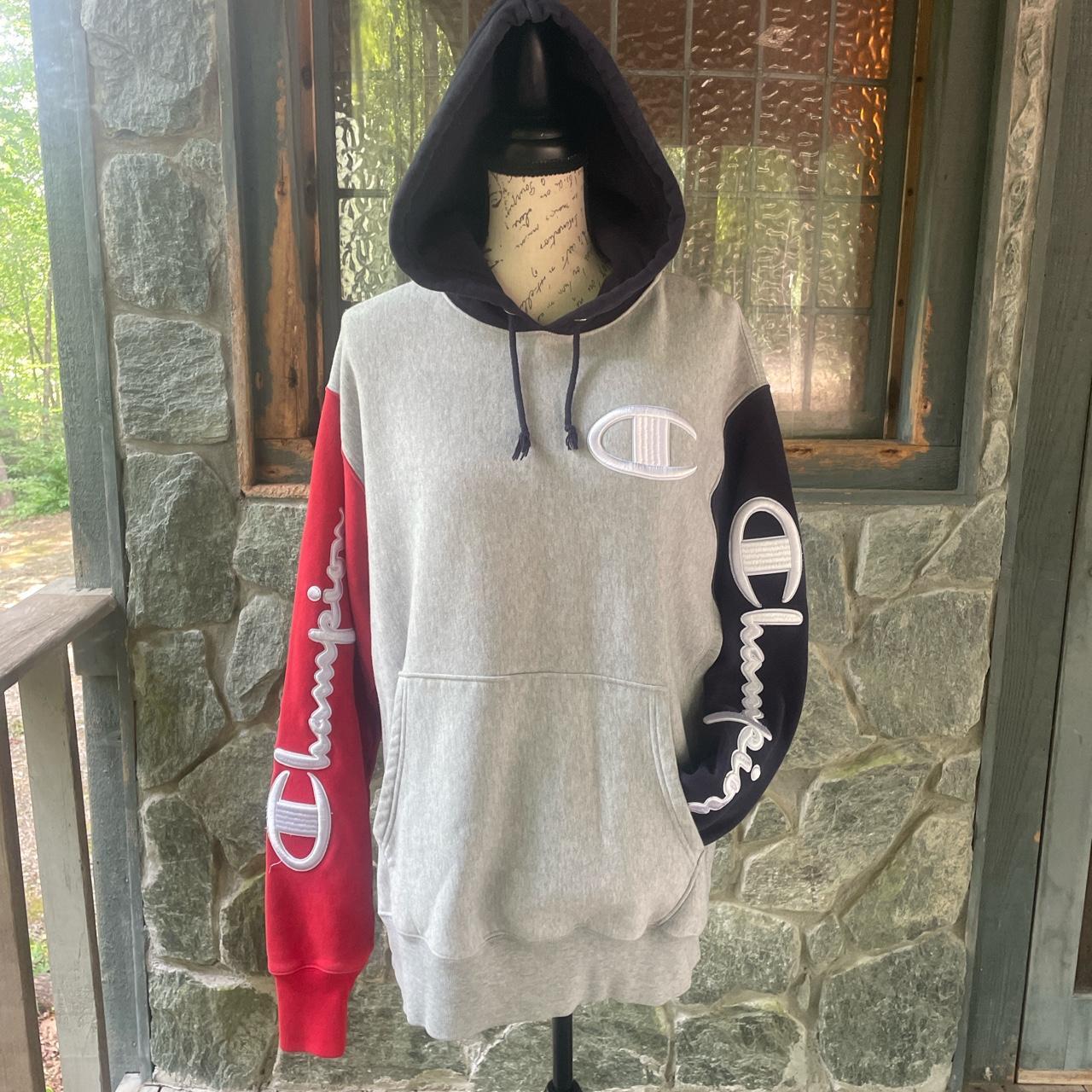 Champion- embroidered color block hoodie red, Depop