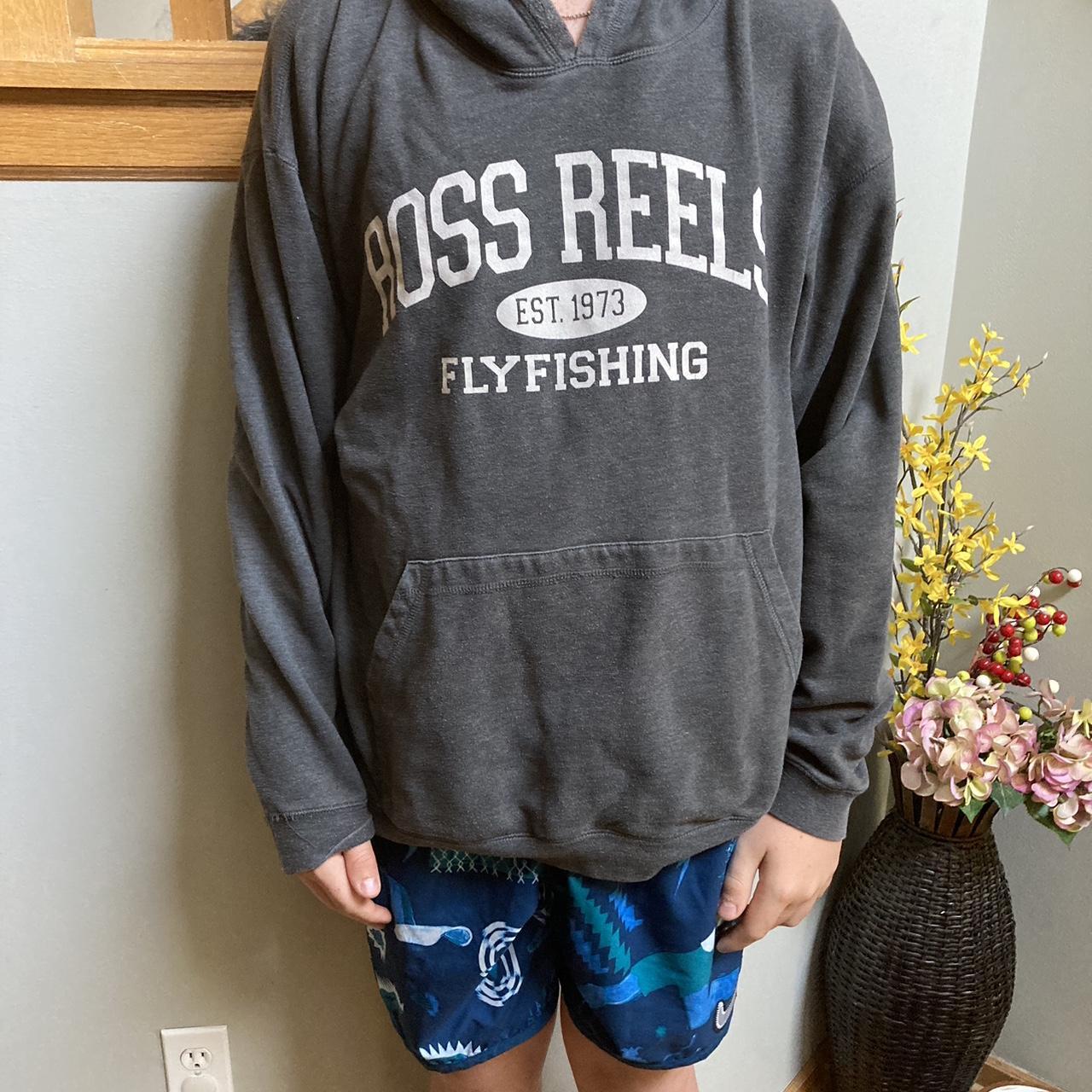 Ross reels fly fishing dark gray, hoodie size - Depop