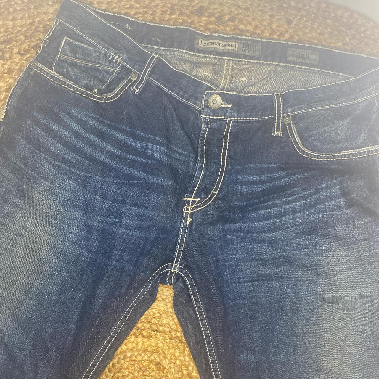 blue men’s bke jeans with white stitching - Depop