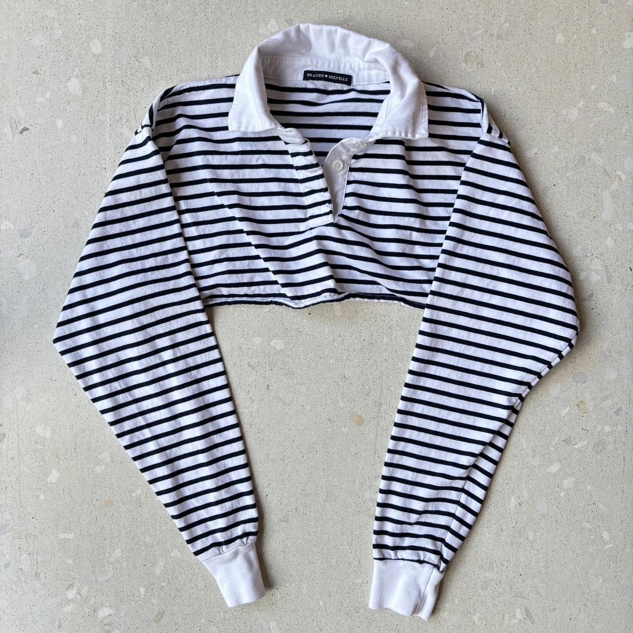 Brandy Melville super cropped white with navy stripe - Depop