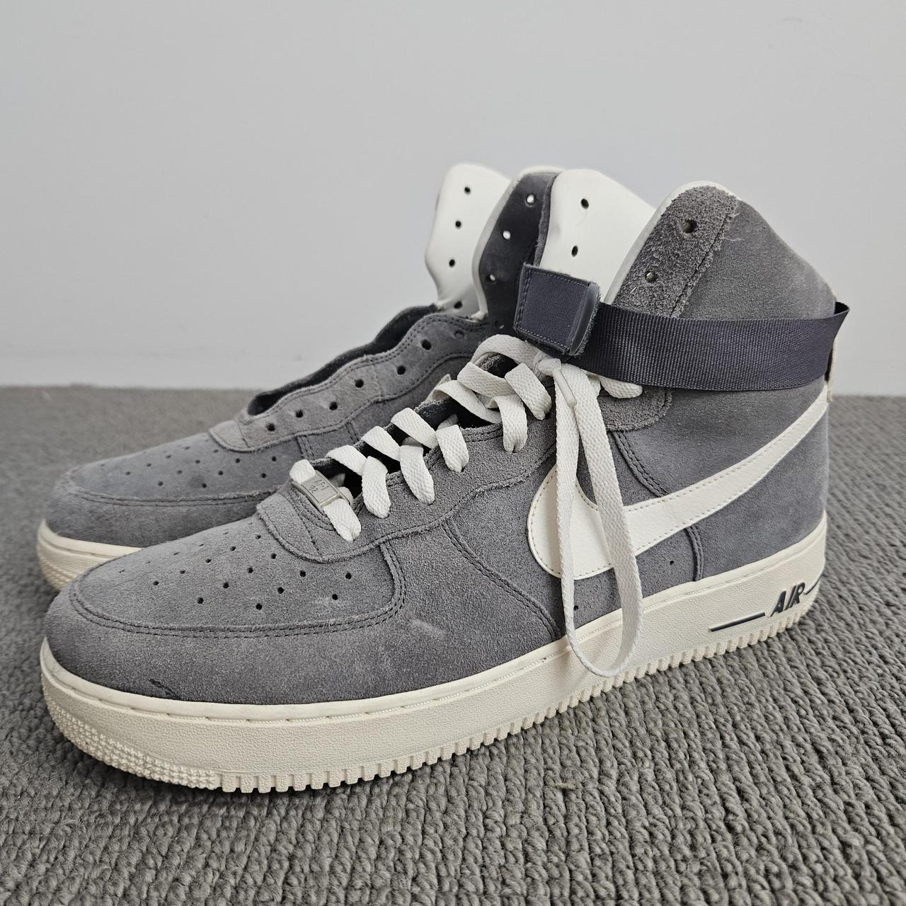 Nike Air Force I. High top with strap. Grey suede. - Depop