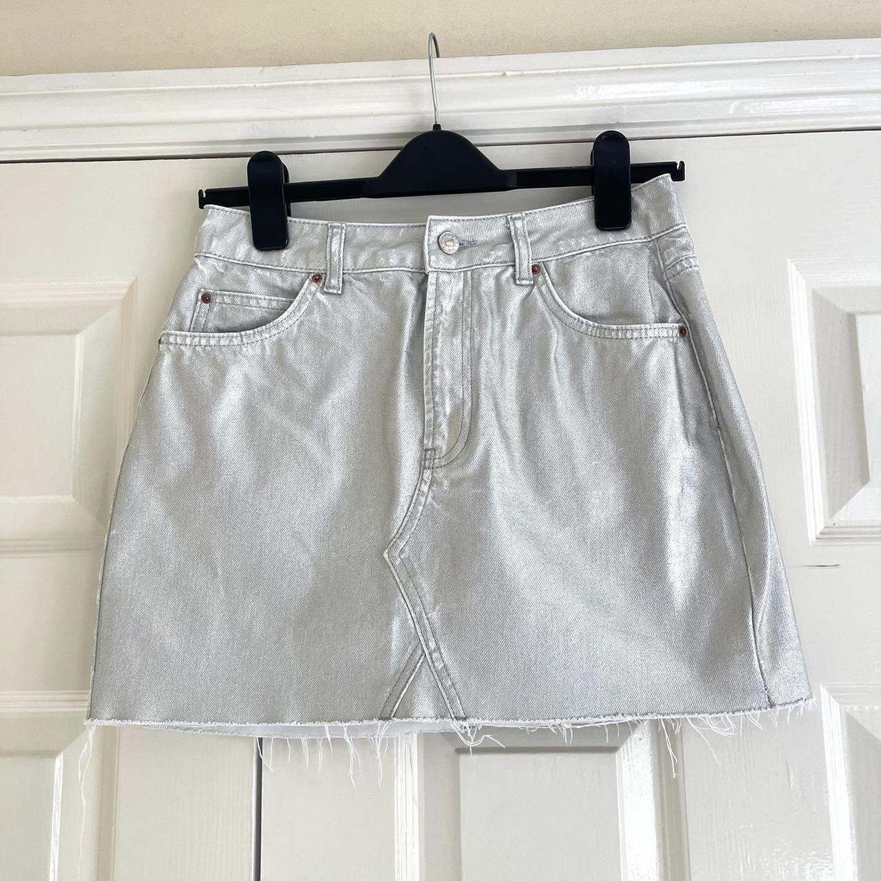 Topshop Moto silver metallic denim mini skirt. Depop