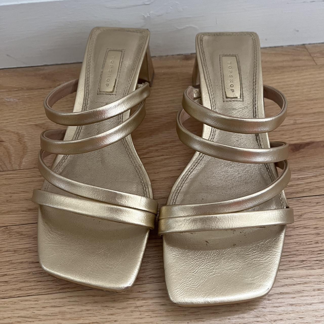 Used Topshop gold sandals with modern block heel Depop