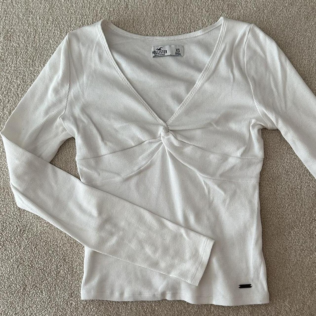 hollister co white long sleeve v neck top with... - Depop