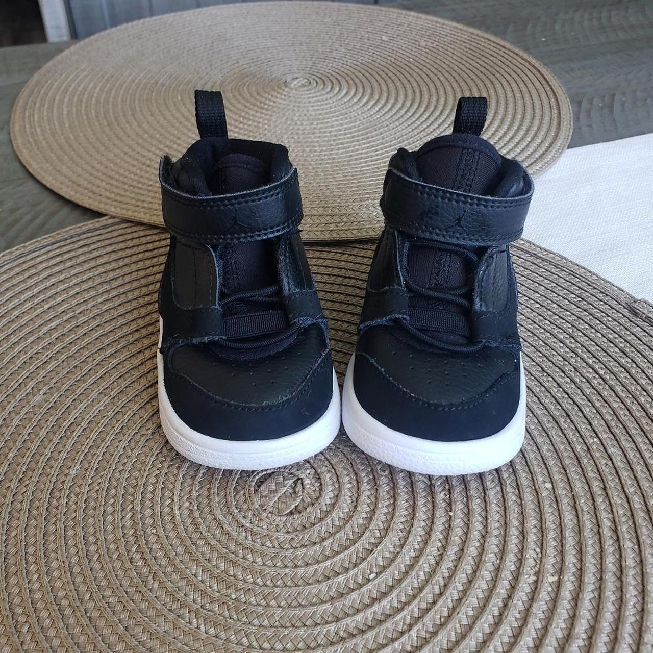 Black and red Jordan 4 toddler size. Like new, comes - Depop