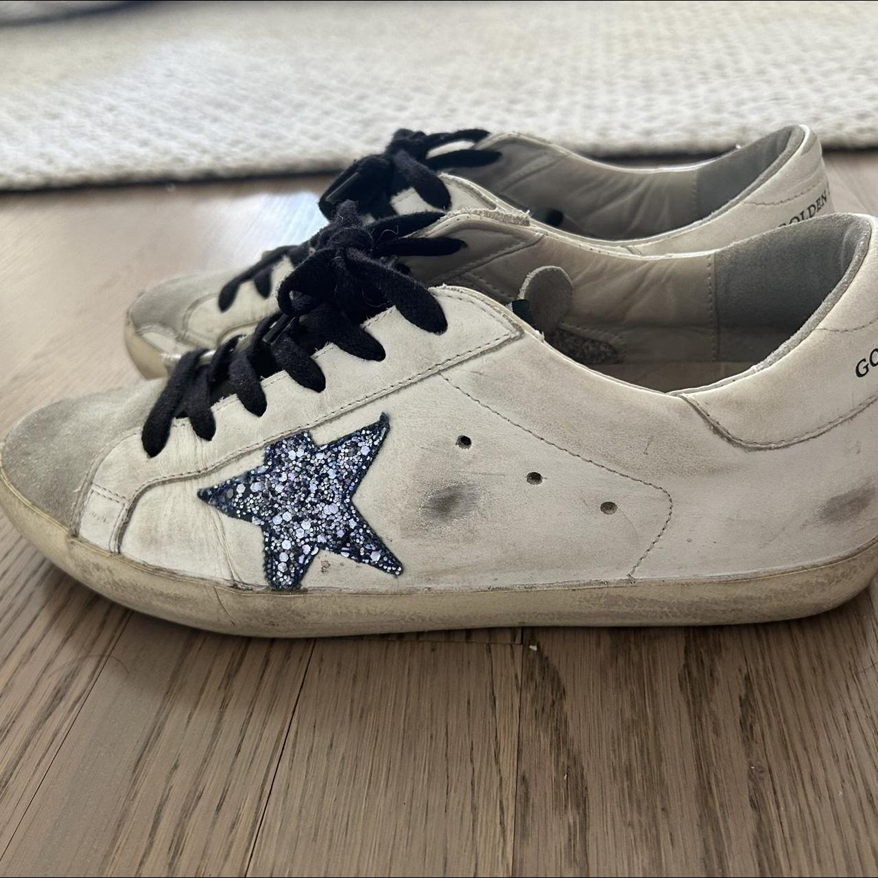 Golden Goose Women's White and Blue Trainers | Depop