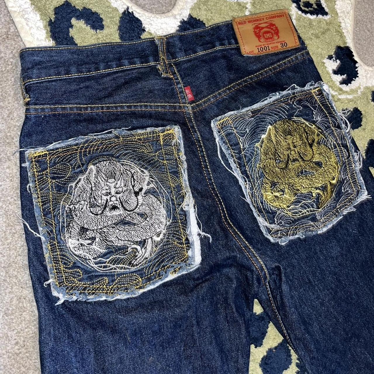 RMC Dragon Embroidered denim jeans. Size: Leg: 30 -... - Depop