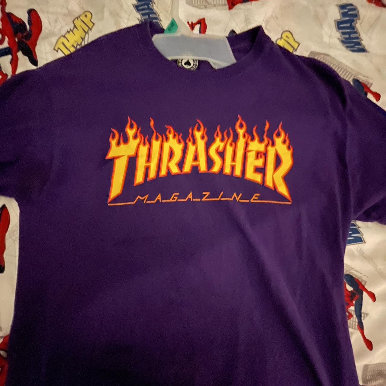 authentic PURPLE THRASHER shirt fits a medium - Depop